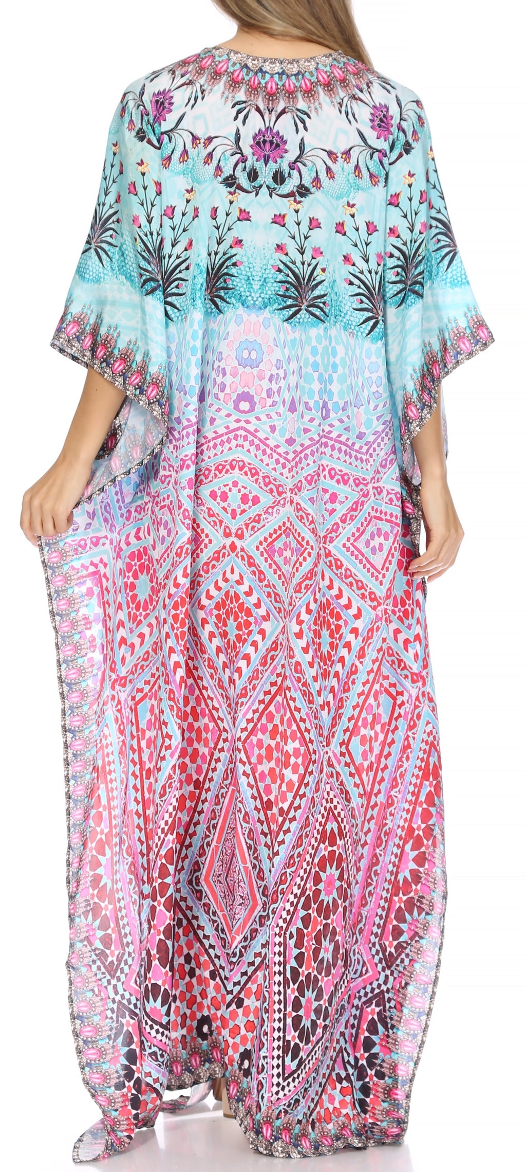Sakkas Georgettina Flowy Rhinestone V Neck Long Caftan Dress/Cover Up Sakkas Store