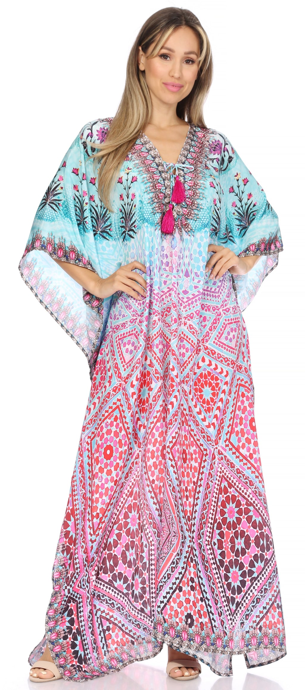 Sakkas Georgettina Flowy Rhinestone V Neck Long Caftan Dress/Cover Up Sakkas Store
