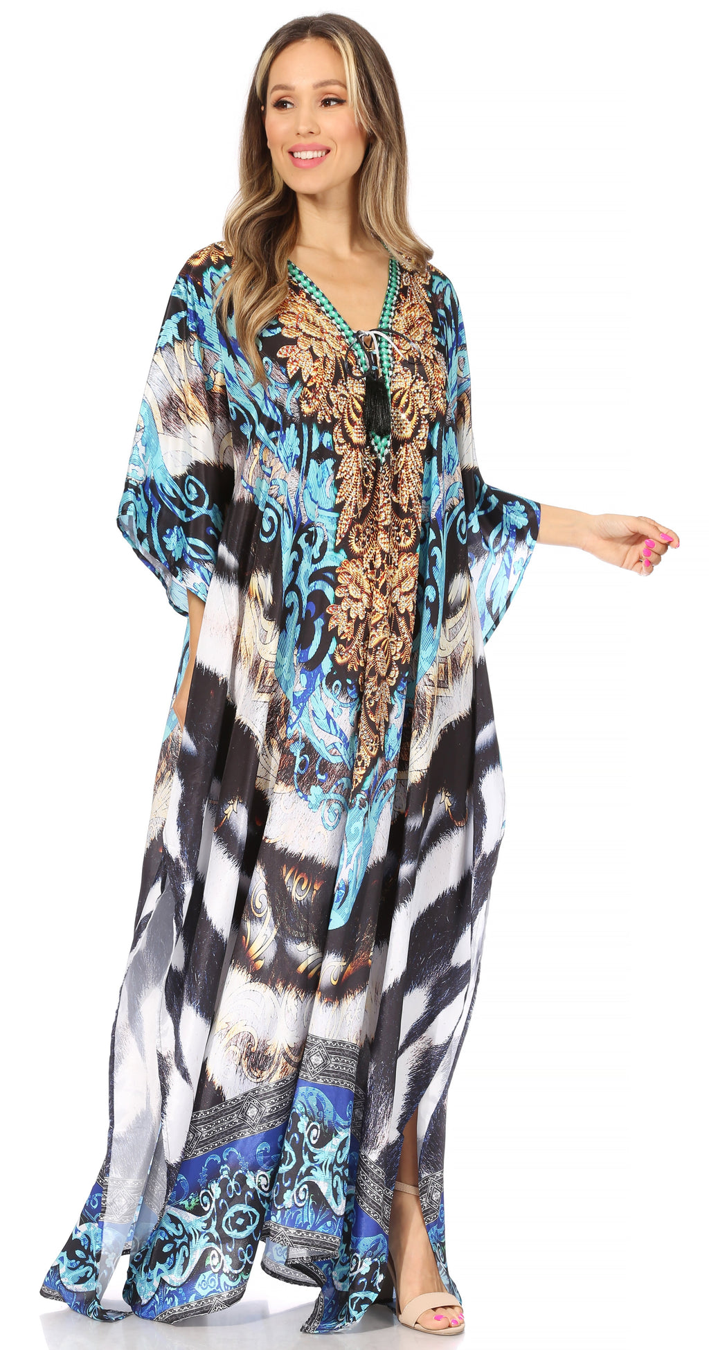 Sakkas Georgettina Flowy Rhinestone V Neck Long Caftan Dress/Cover Up Sakkas Store