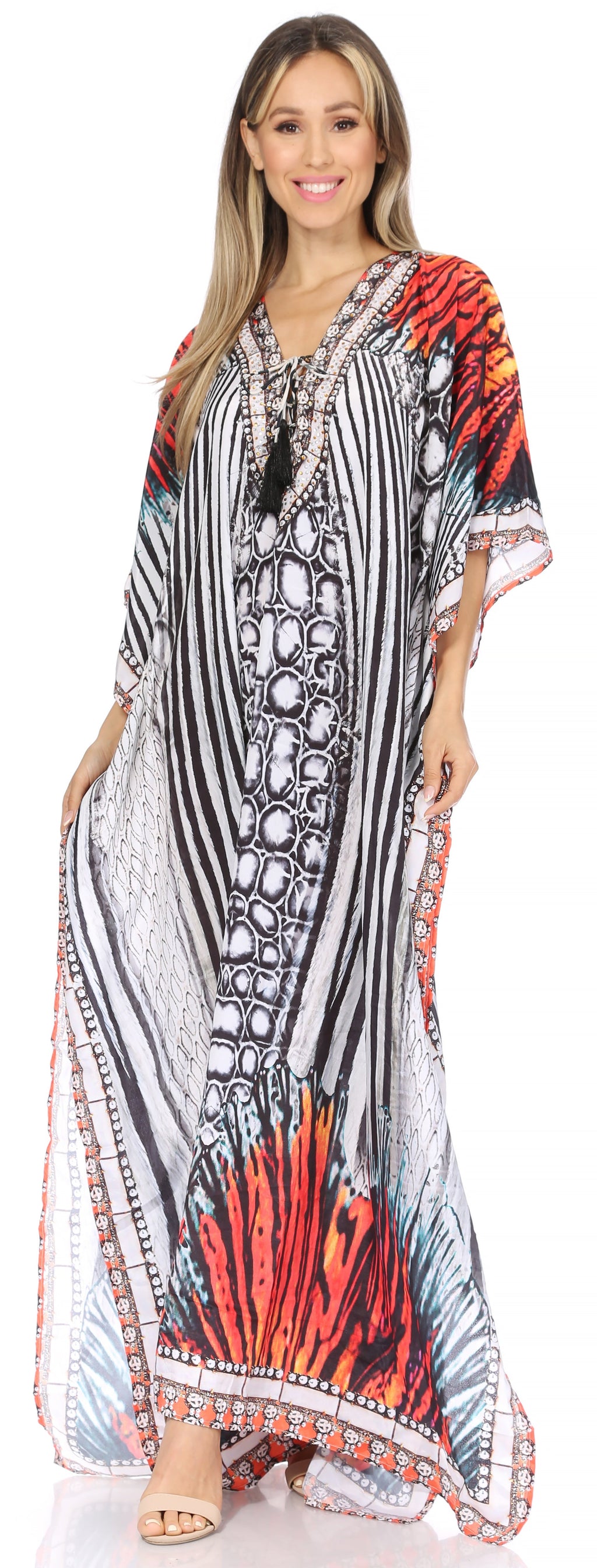 Sakkas Georgettina Flowy Rhinestone V Neck Long Caftan Dress/Cover Up Sakkas Store