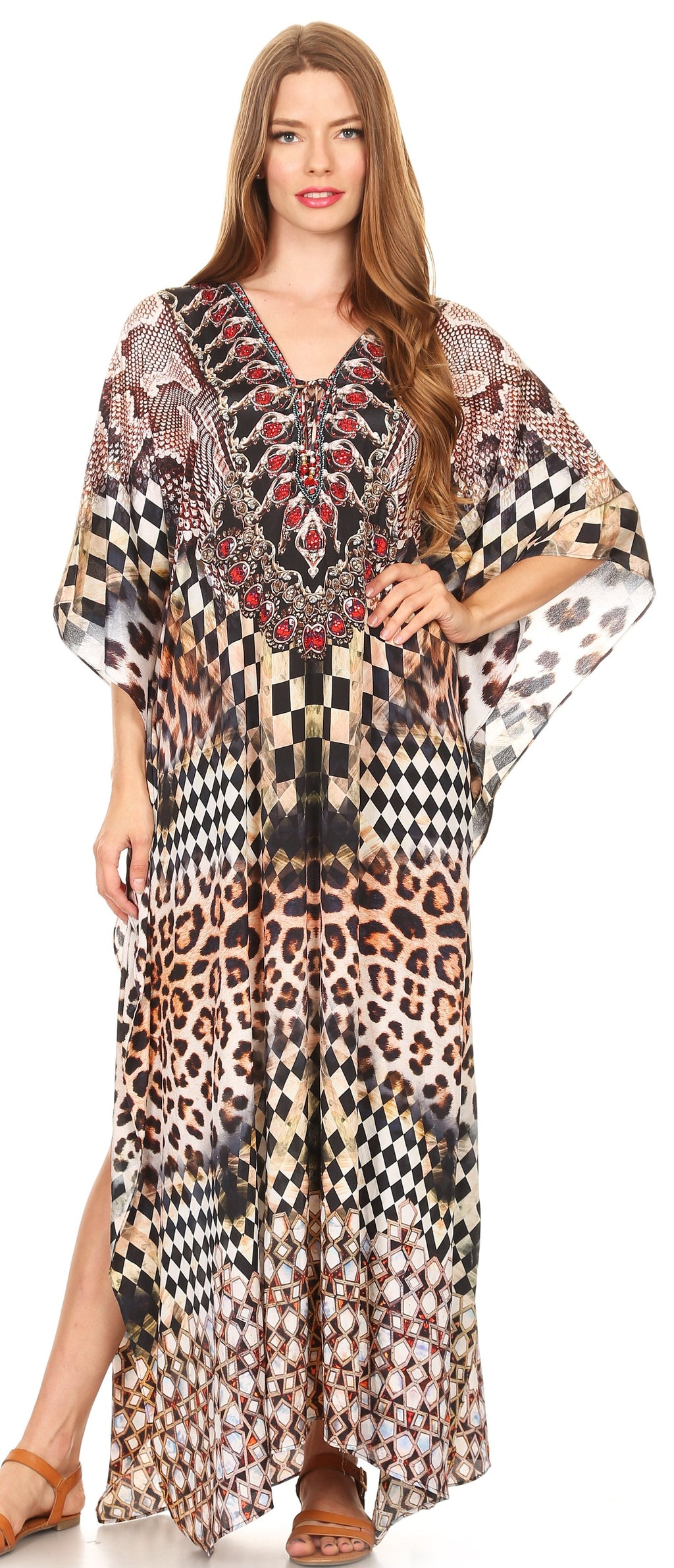 Sakkas Georgettina Flowy Rhinestone V Neck Long Caftan Dress/Cover Up Sakkas Store