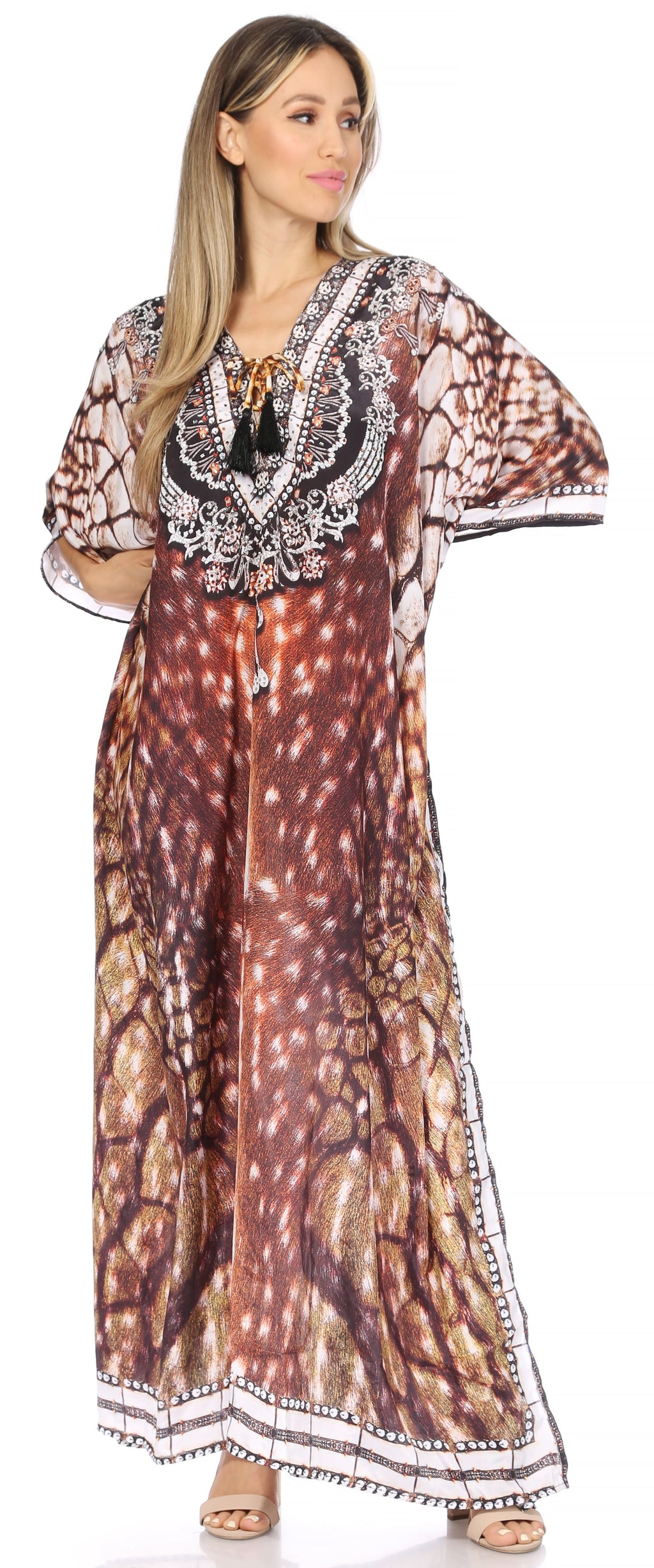 Sakkas Georgettina Flowy Rhinestone V Neck Long Caftan Dress/Cover Up Sakkas Store