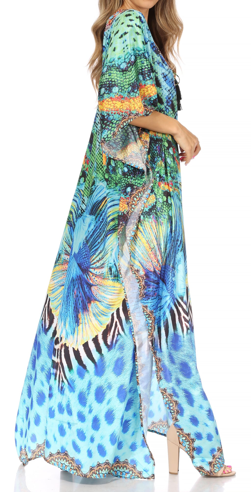 Sakkas Georgettina Flowy Rhinestone V Neck Long Caftan Dress/Cover Up Sakkas Store