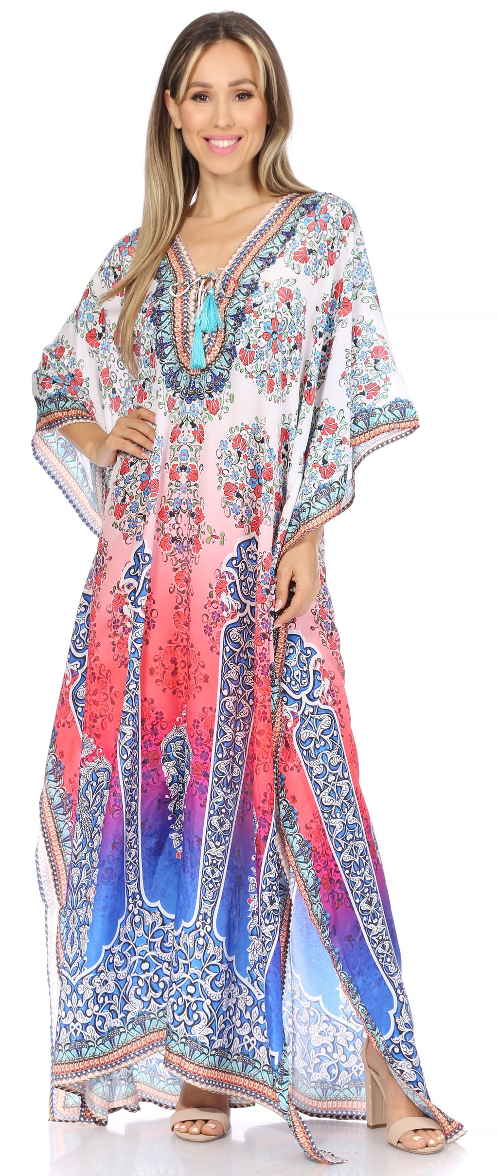Sakkas Georgettina Flowy Rhinestone V Neck Long Caftan Dress/Cover Up Sakkas Store