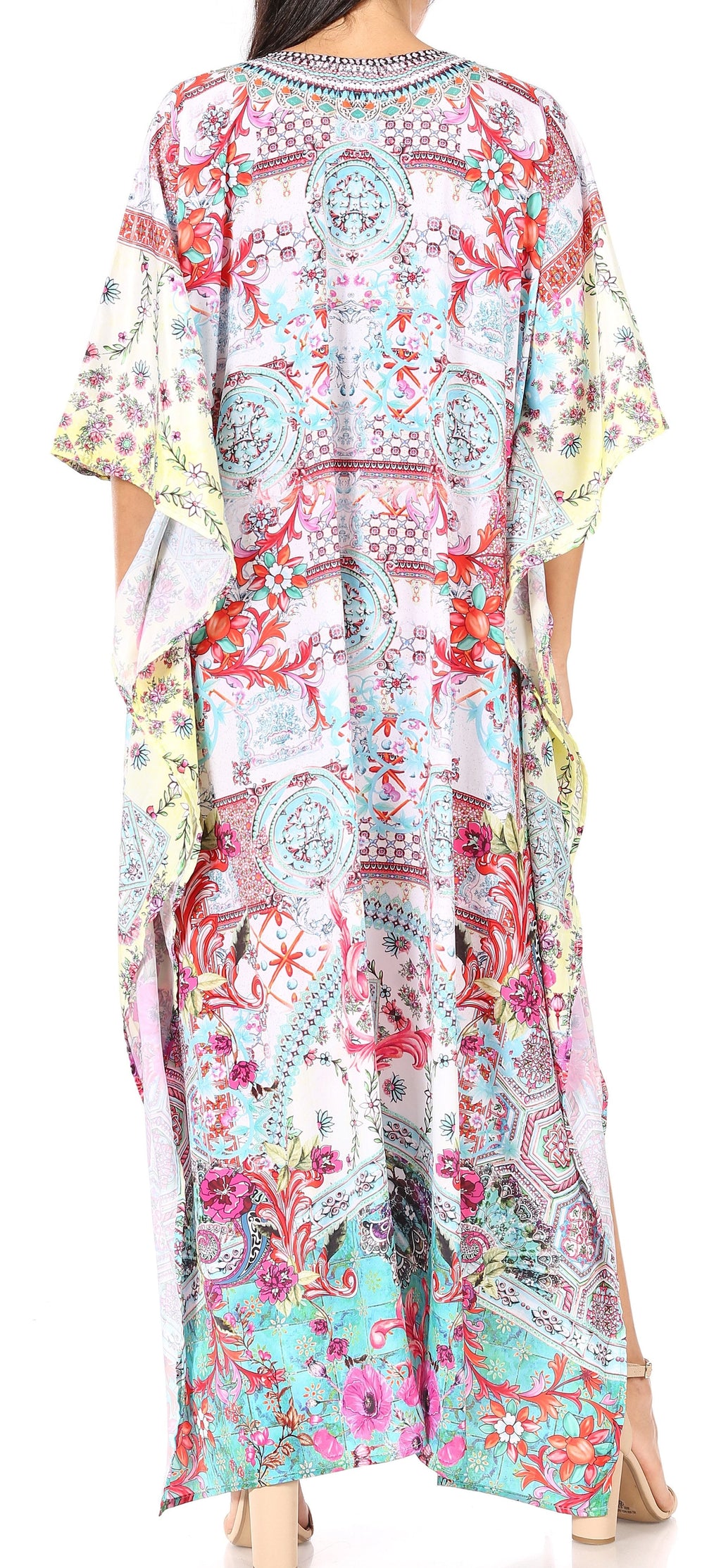 Sakkas Georgettina Flowy Rhinestone V Neck Long Caftan Dress/Cover Up Sakkas Store