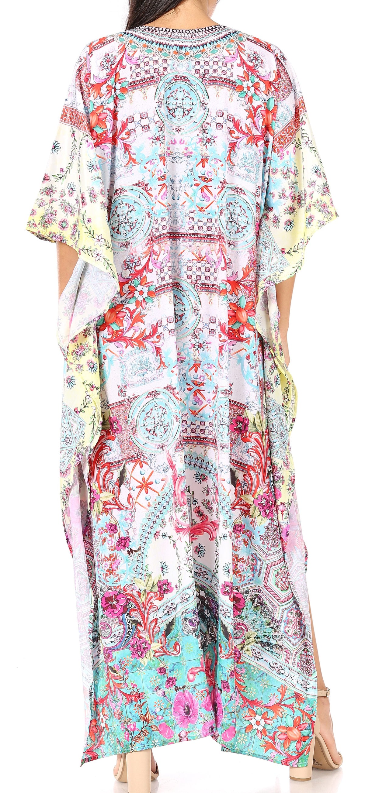 Sakkas Georgettina Flowy Rhinestone V Neck Long Caftan Dress/Cover Up Sakkas Store