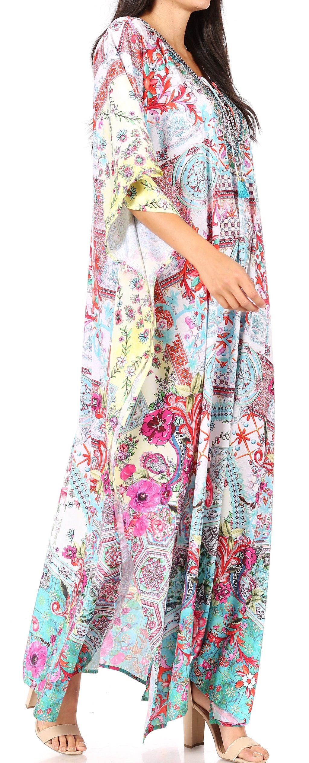 Sakkas Georgettina Flowy Rhinestone V Neck Long Caftan Dress/Cover Up Sakkas Store