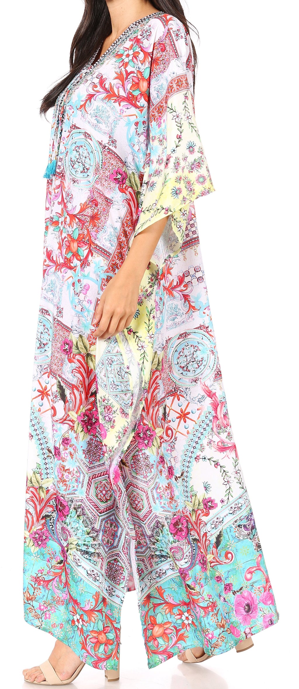 Sakkas Georgettina Flowy Rhinestone V Neck Long Caftan Dress/Cover Up Sakkas Store