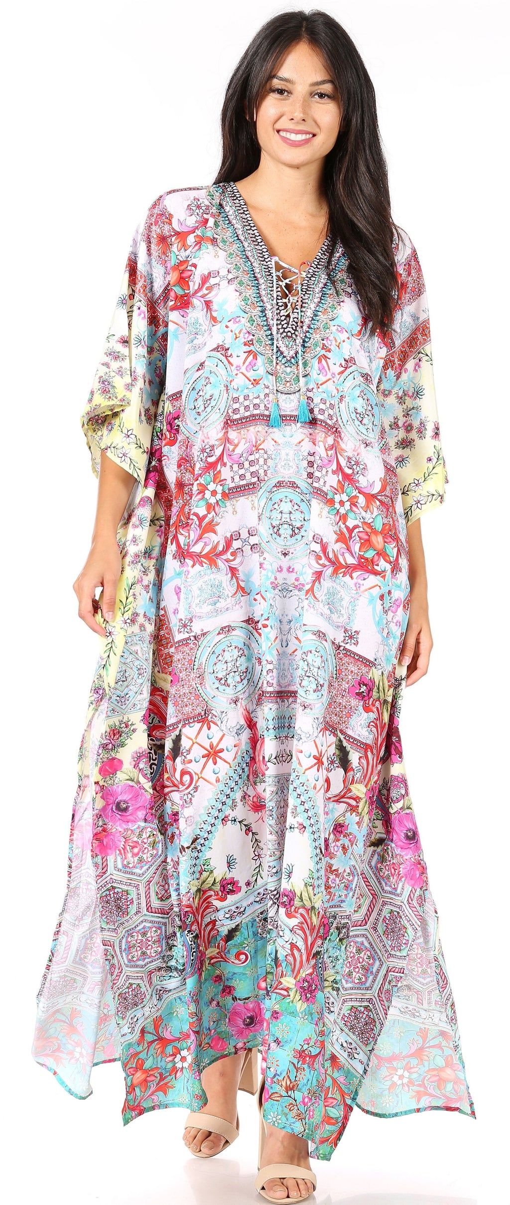 Sakkas Georgettina Flowy Rhinestone V Neck Long Caftan Dress/Cover Up Sakkas Store