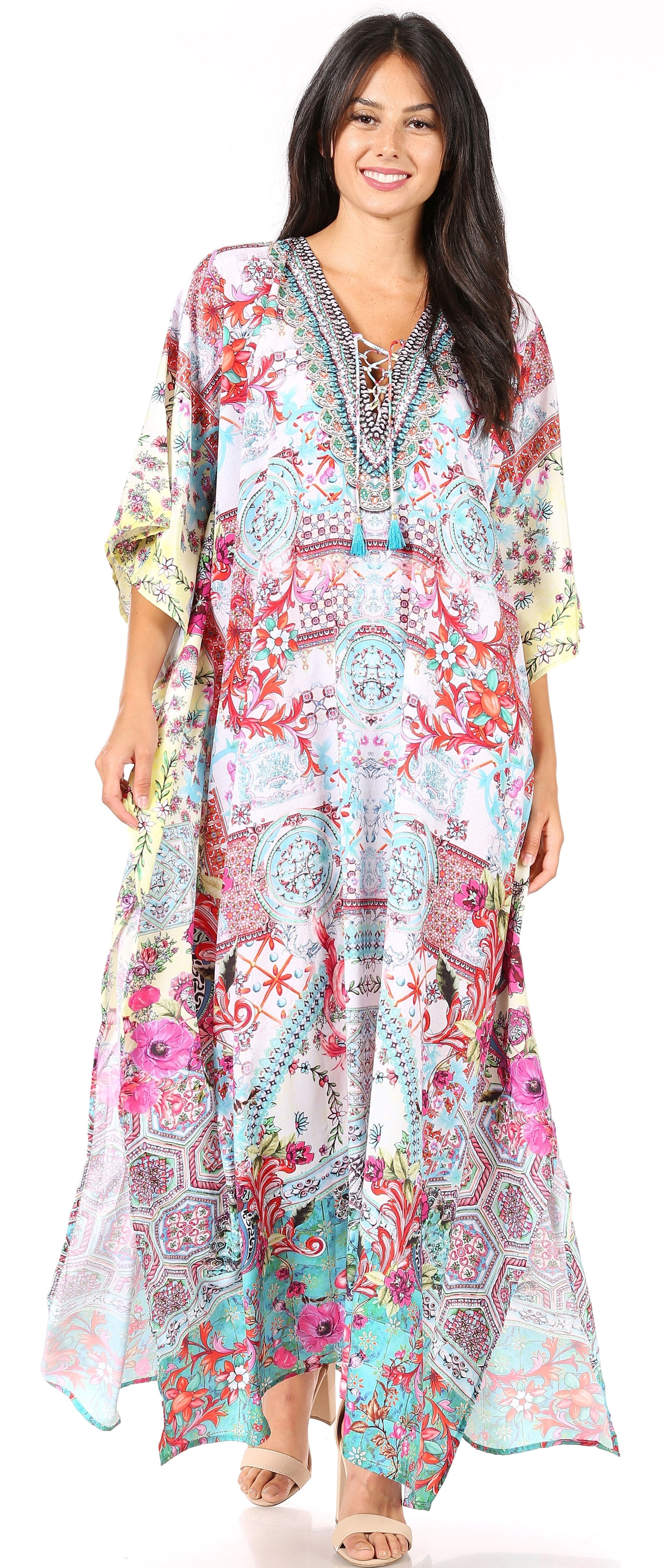 Sakkas Georgettina Flowy Rhinestone V Neck Long Caftan Dress/Cover Up Sakkas Store
