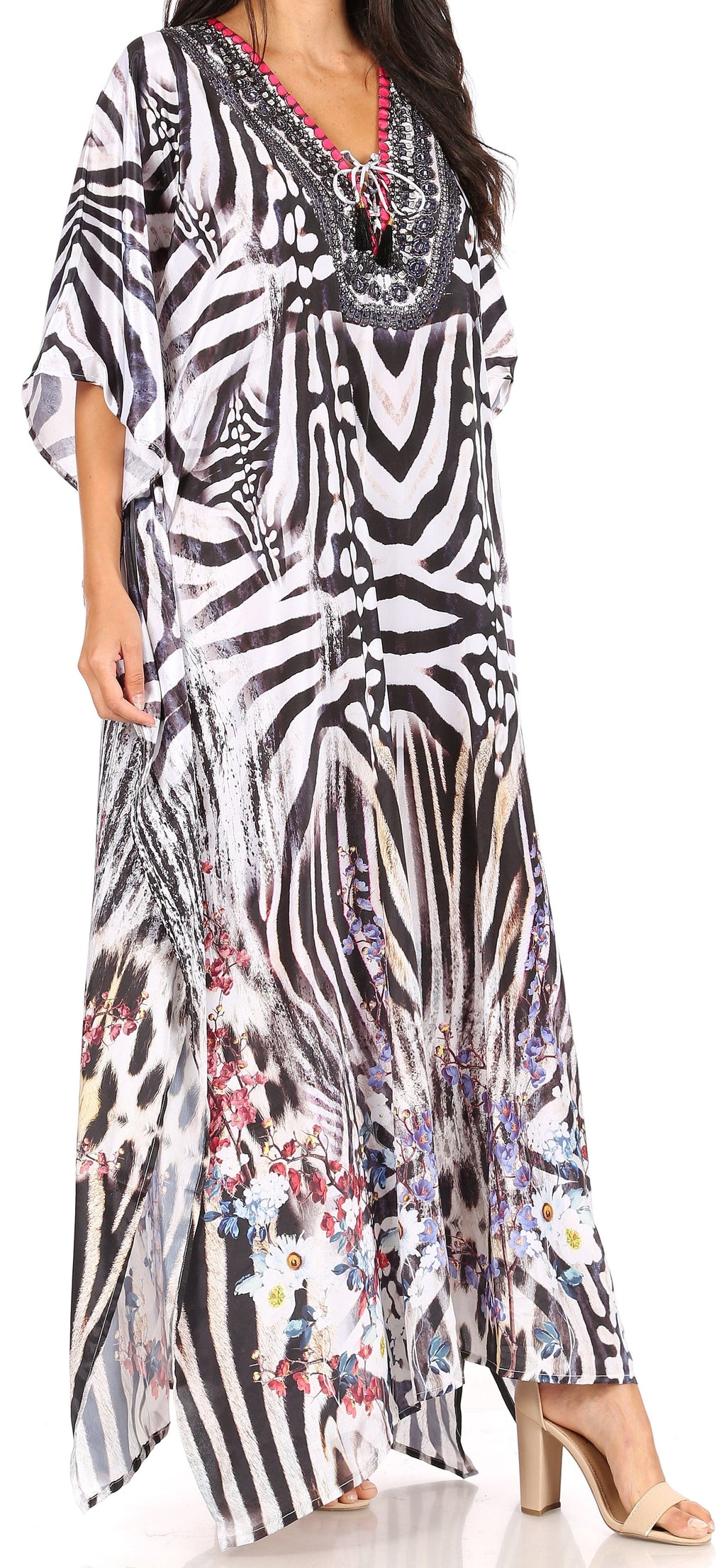 Sakkas Georgettina Flowy Rhinestone V Neck Long Caftan Dress/Cover Up Sakkas Store