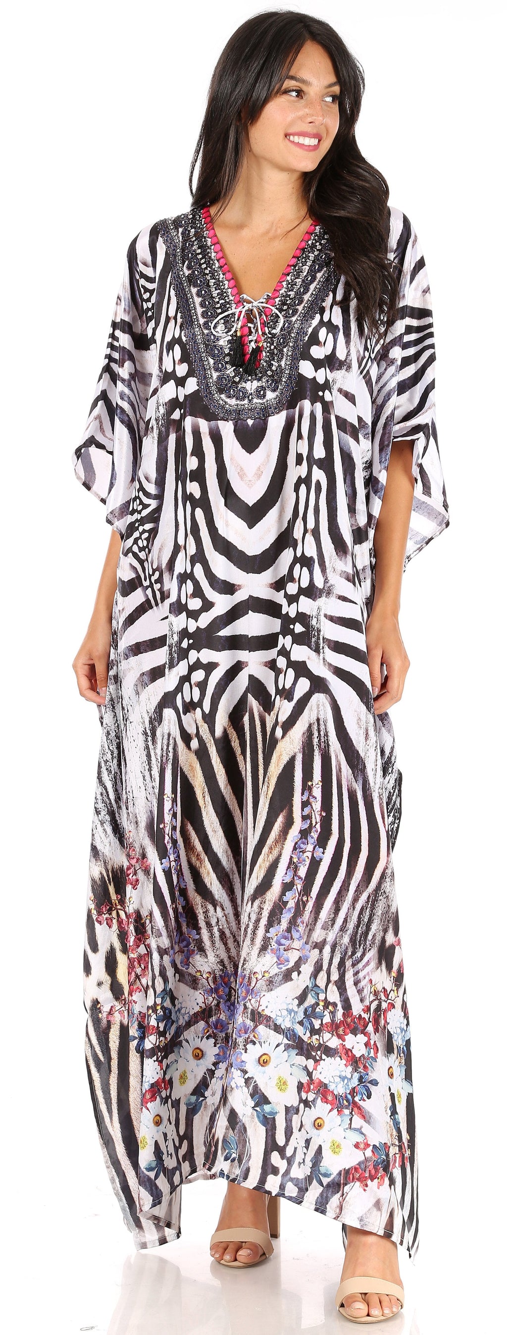 Sakkas Georgettina Flowy Rhinestone V Neck Long Caftan Dress/Cover Up Sakkas Store