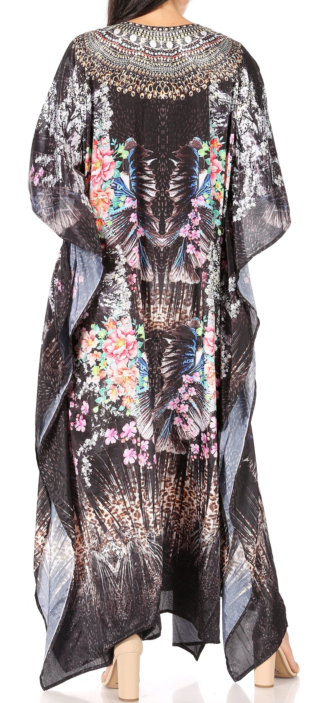 Sakkas Georgettina Flowy Rhinestone V Neck Long Caftan Dress/Cover Up Sakkas Store