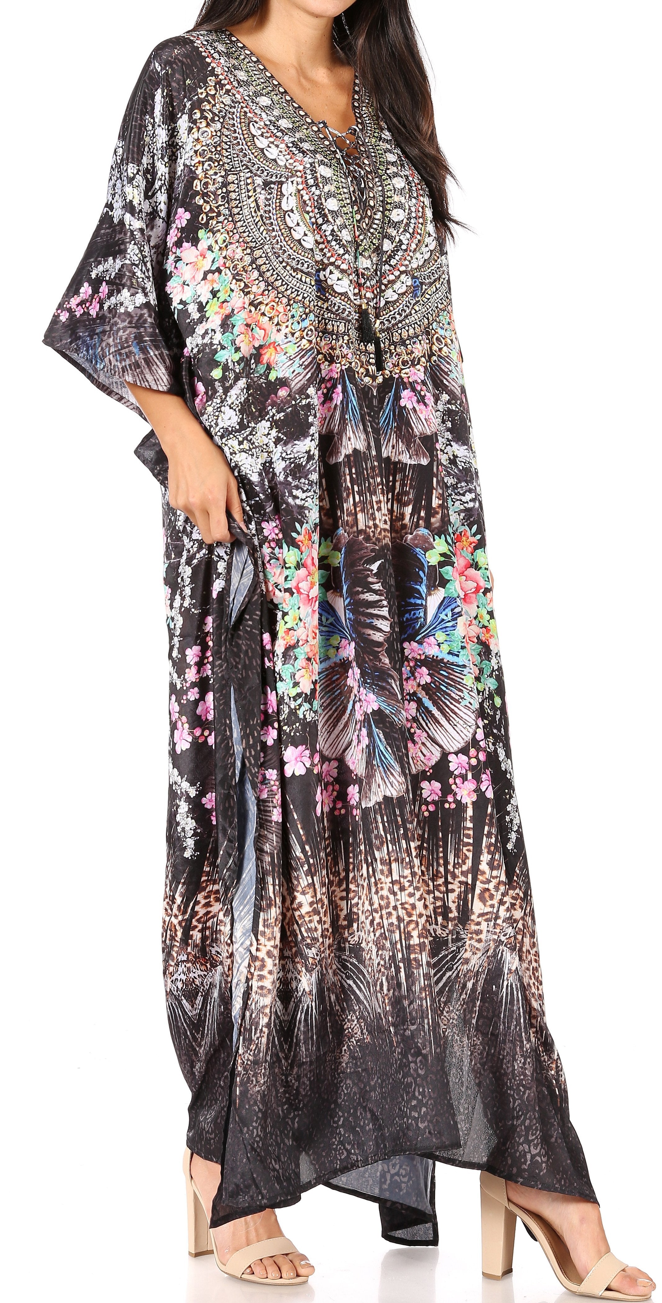 Sakkas Georgettina Flowy Rhinestone V Neck Long Caftan Dress/Cover Up Sakkas Store