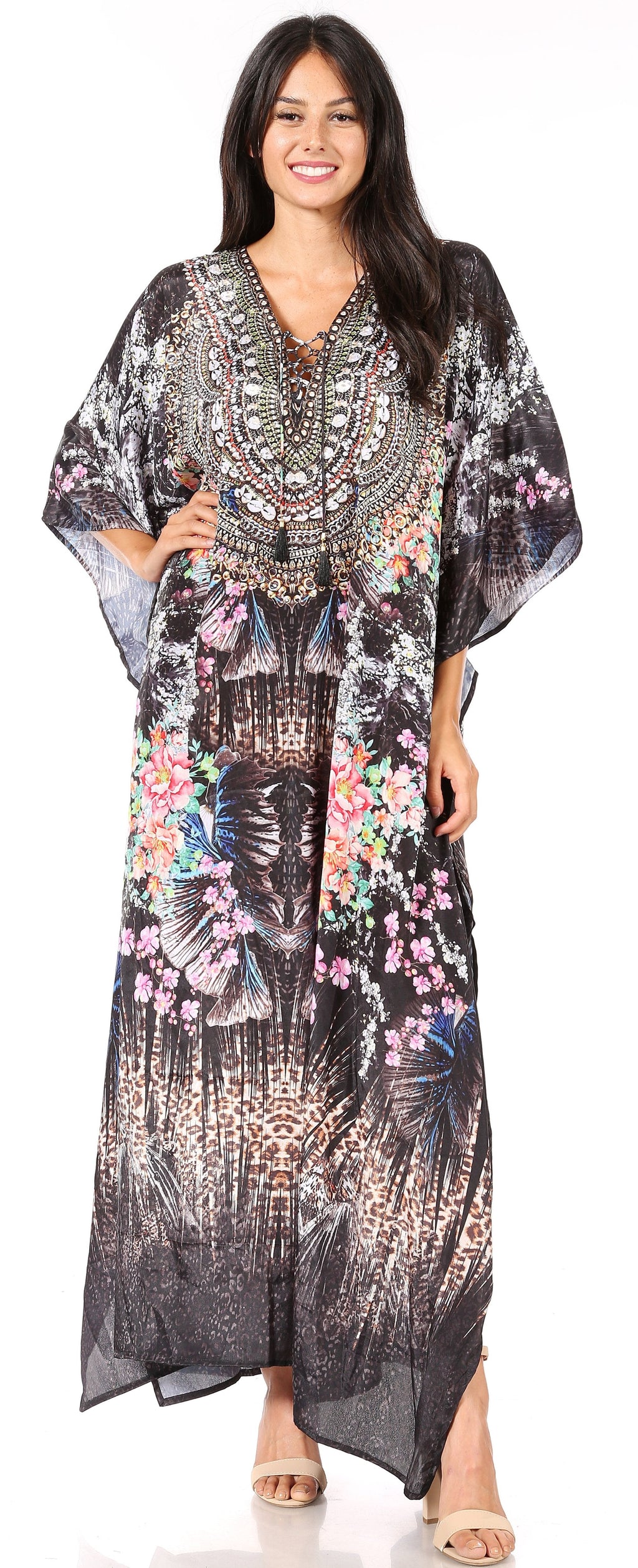 Sakkas Georgettina Flowy Rhinestone V Neck Long Caftan Dress/Cover Up Sakkas Store