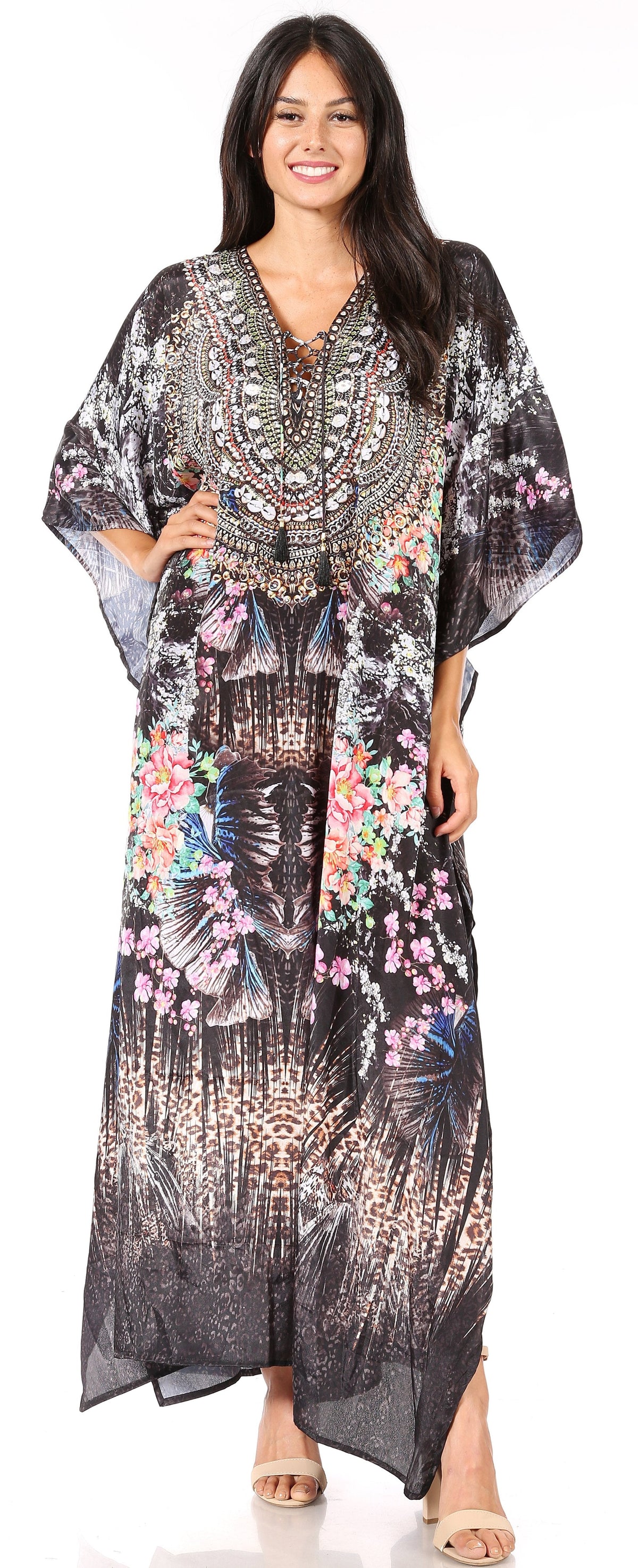 Sakkas Georgettina Flowy Rhinestone V Neck Long Caftan Dress/Cover Up Sakkas Store