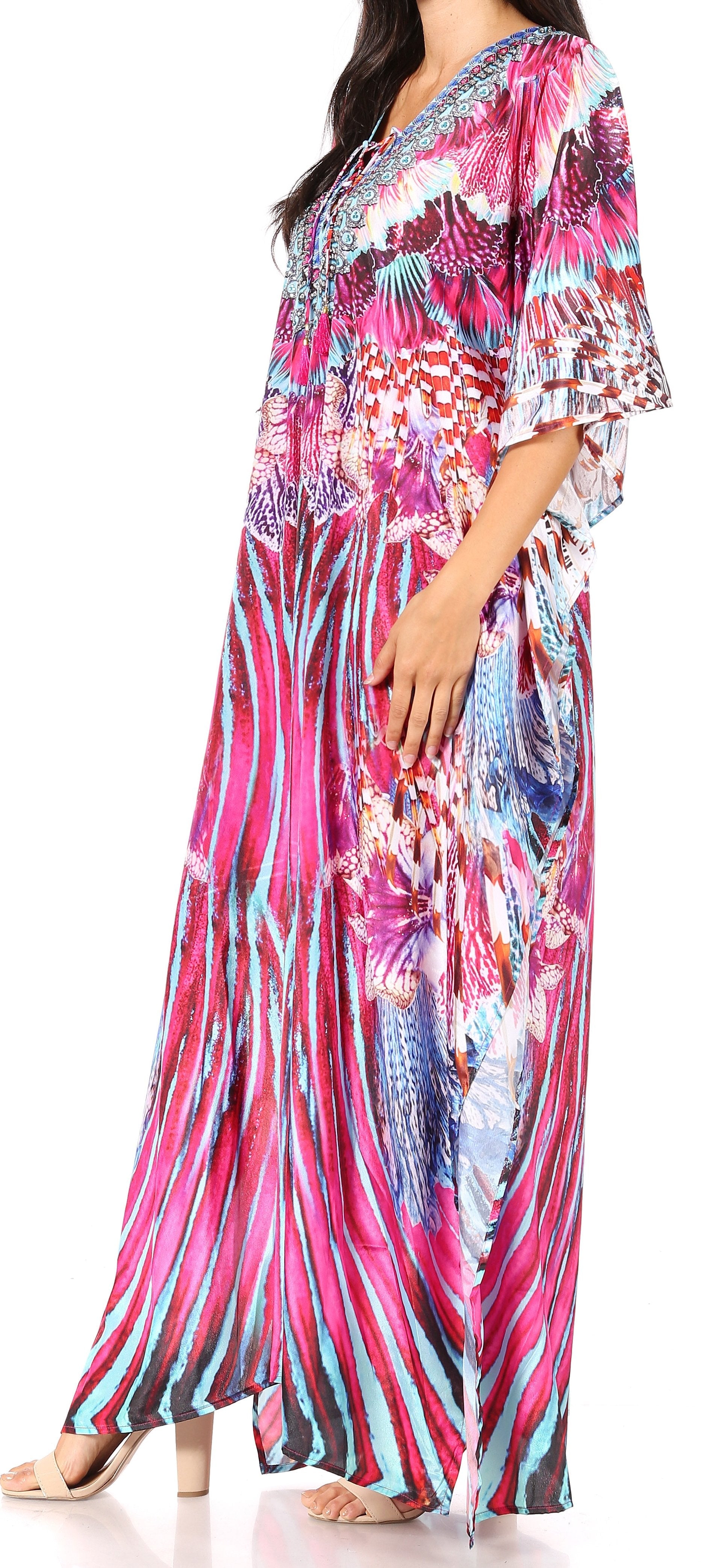 Sakkas Georgettina Flowy Rhinestone V Neck Long Caftan Dress/Cover Up Sakkas Store