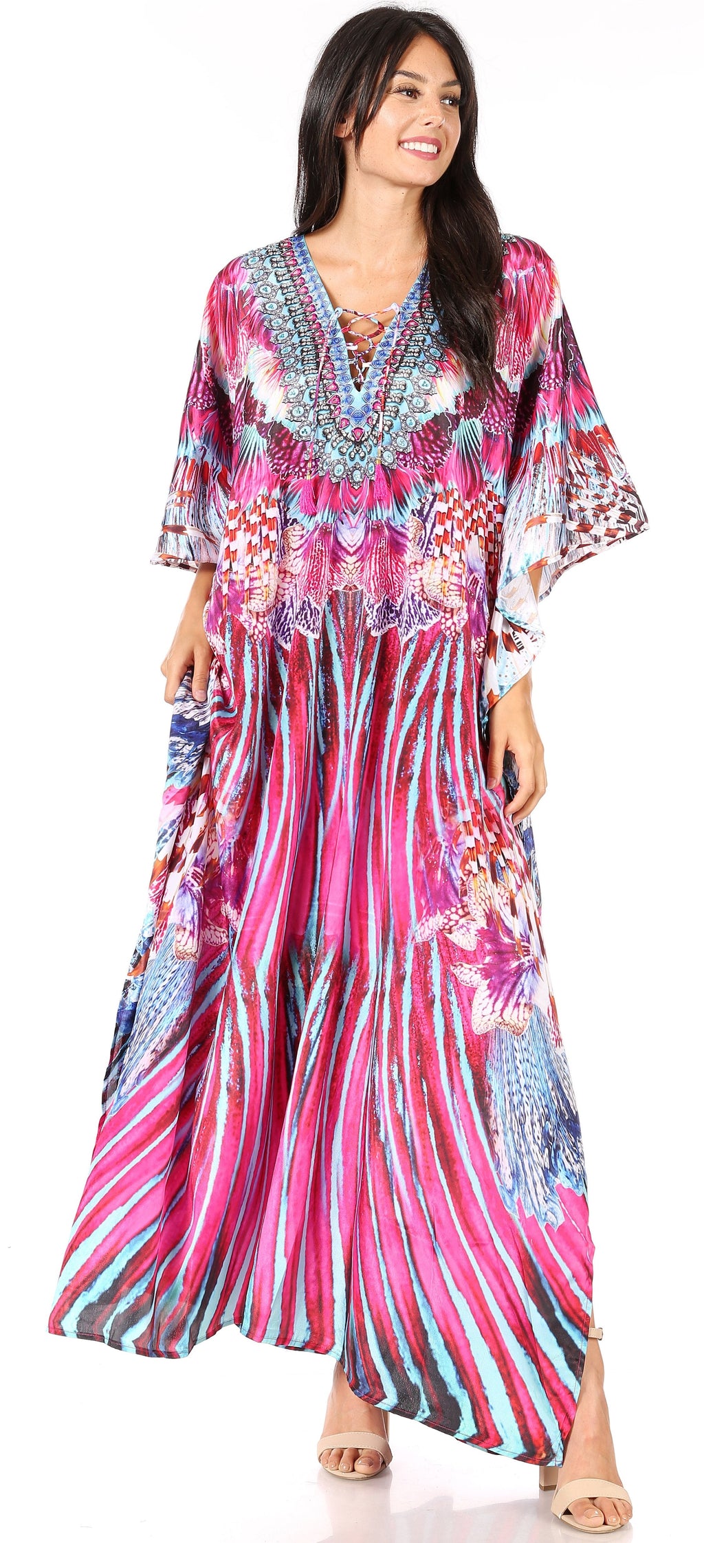 Sakkas Georgettina Flowy Rhinestone V Neck Long Caftan Dress/Cover Up Sakkas Store