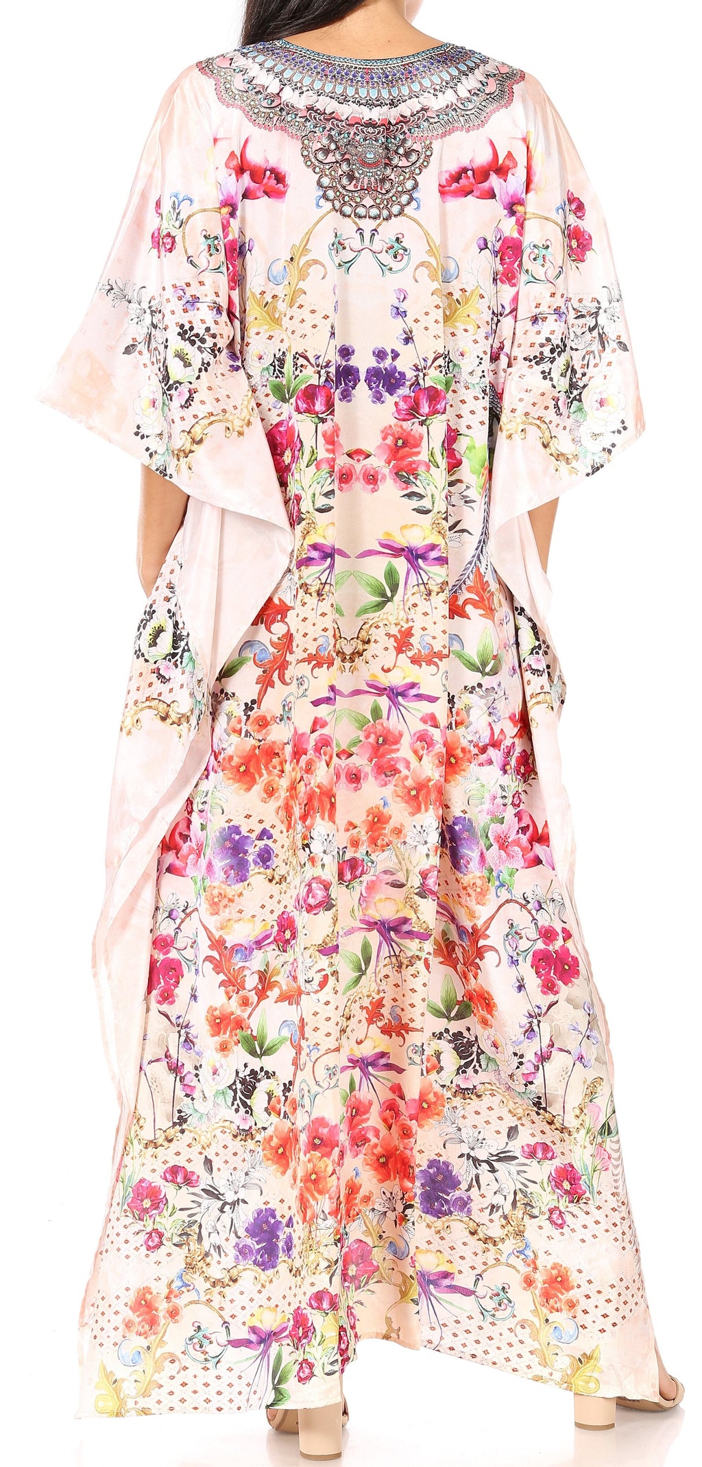 Sakkas Georgettina Flowy Rhinestone V Neck Long Caftan Dress/Cover Up Sakkas Store