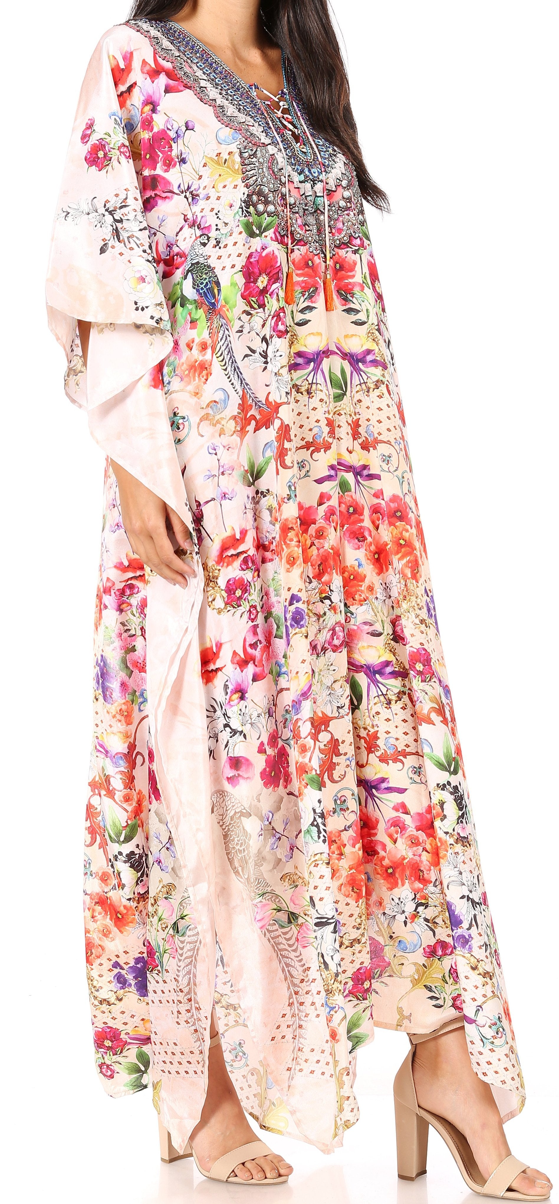 Sakkas Georgettina Flowy Rhinestone V Neck Long Caftan Dress/Cover Up Sakkas Store