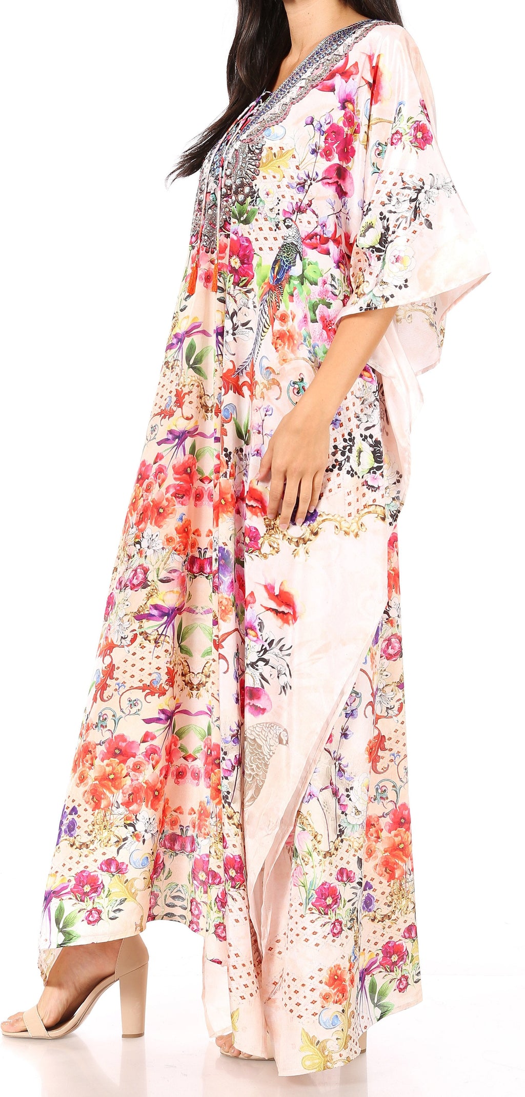 Sakkas Georgettina Flowy Rhinestone V Neck Long Caftan Dress/Cover Up Sakkas Store