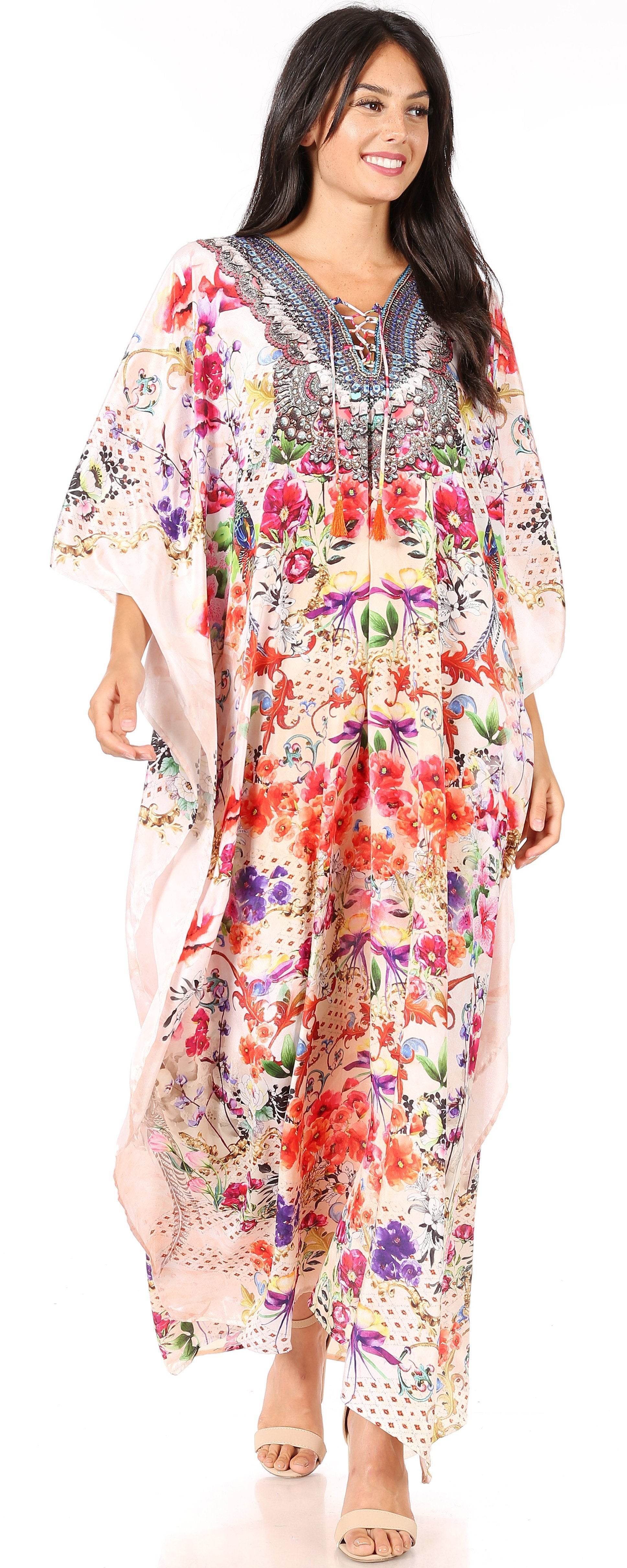 Sakkas Georgettina Flowy Rhinestone V Neck Long Caftan Dress/Cover Up Sakkas Store