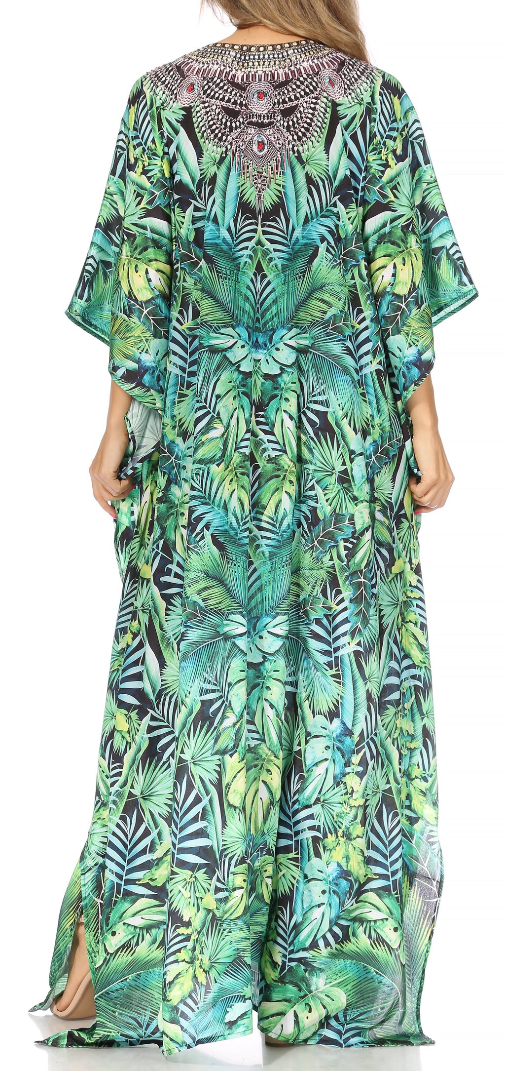 Sakkas Georgettina Flowy Rhinestone V Neck Long Caftan Dress/Cover Up Sakkas Store