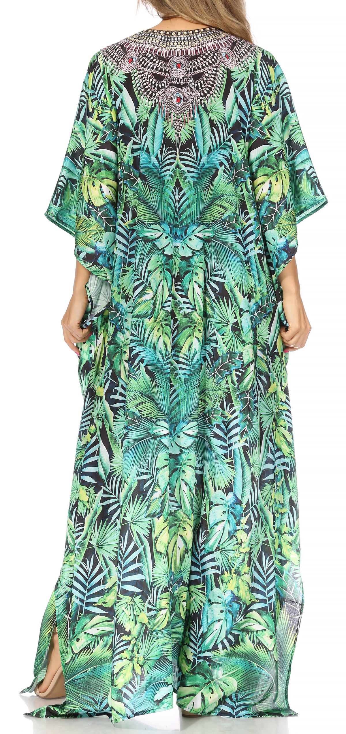 Sakkas Georgettina Flowy Rhinestone V Neck Long Caftan Dress/Cover Up Sakkas Store