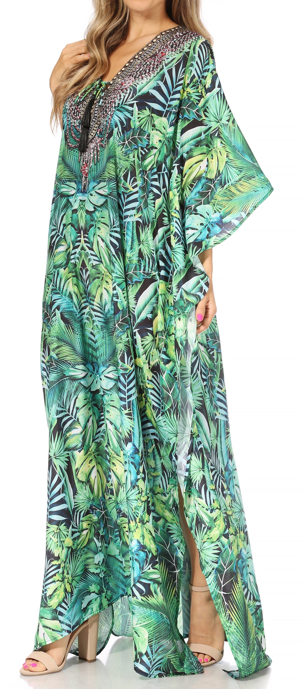 Sakkas Georgettina Flowy Rhinestone V Neck Long Caftan Dress/Cover Up Sakkas Store