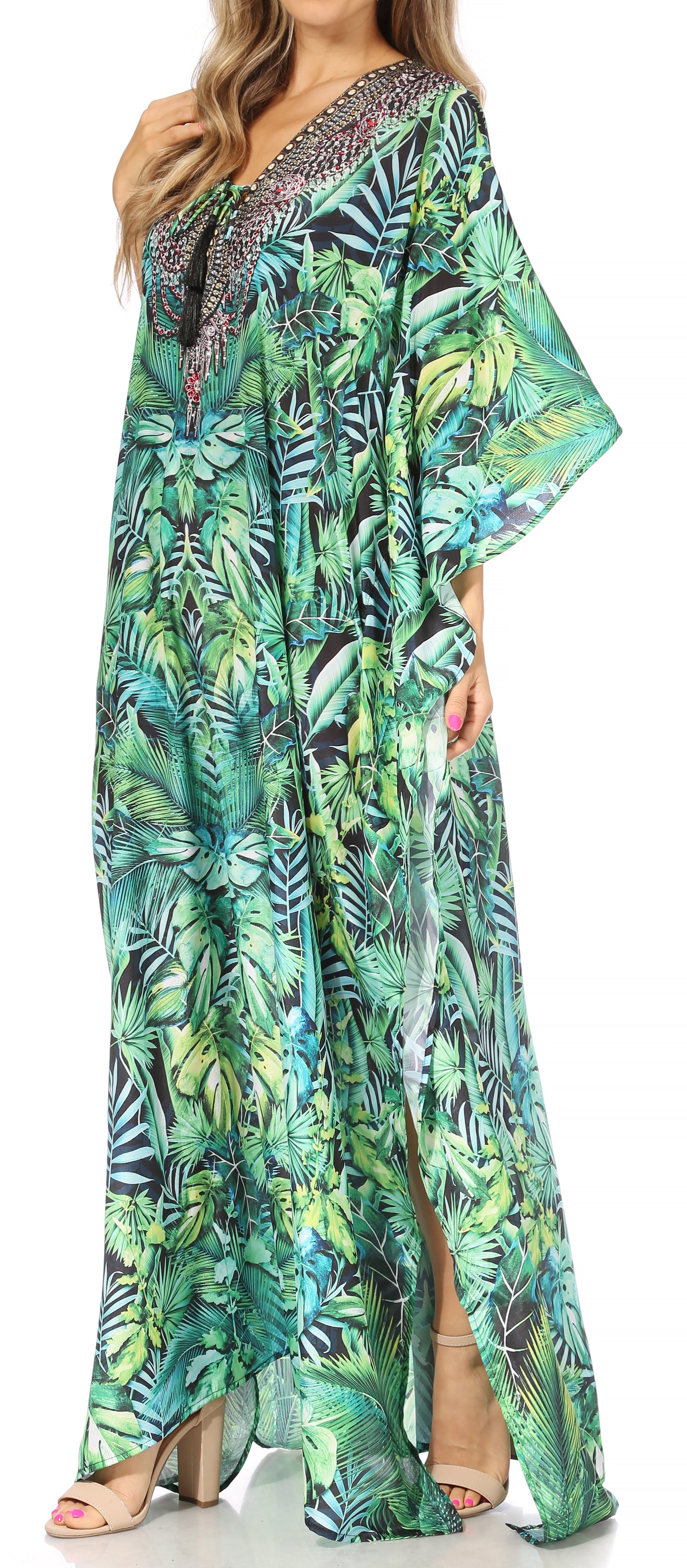 Sakkas Georgettina Flowy Rhinestone V Neck Long Caftan Dress/Cover Up Sakkas Store