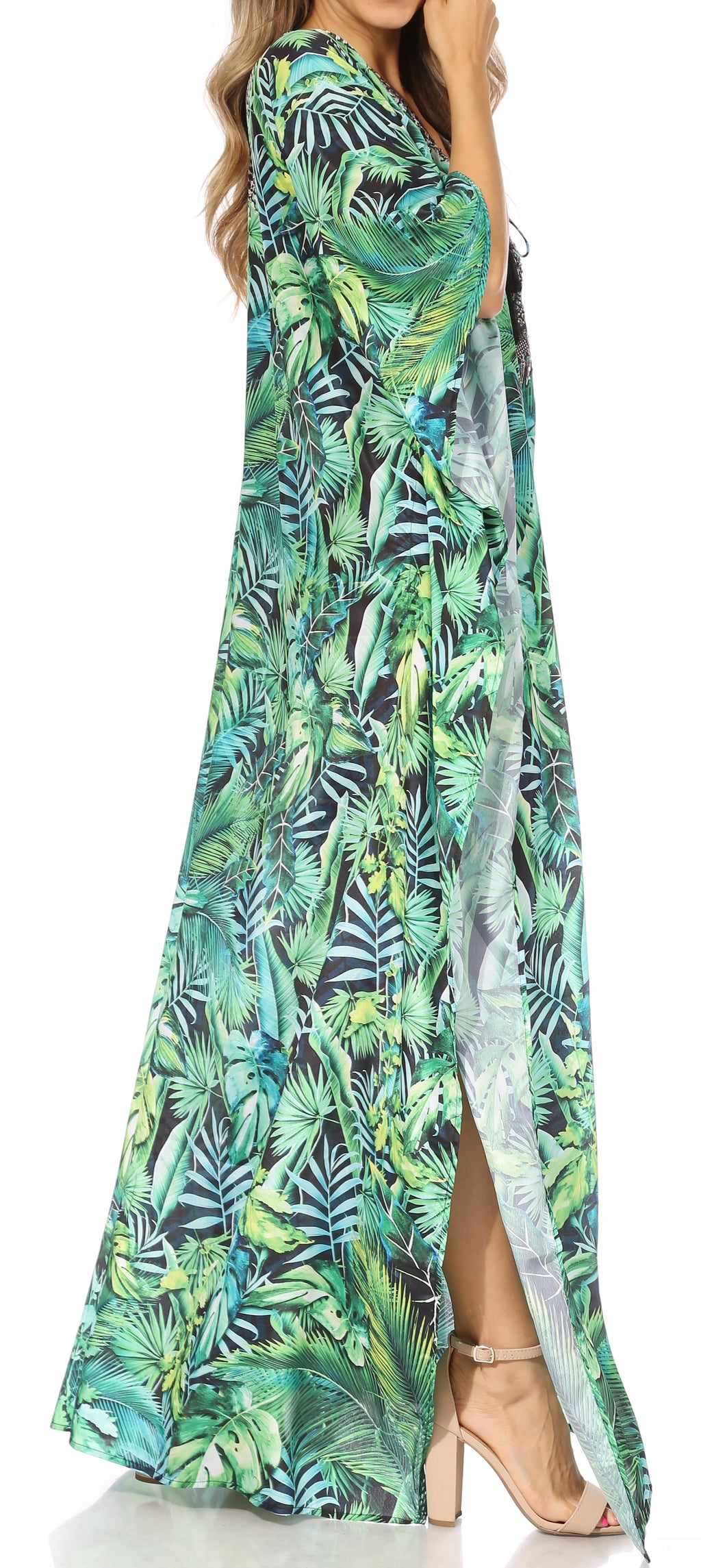 Sakkas Georgettina Flowy Rhinestone V Neck Long Caftan Dress/Cover Up Sakkas Store