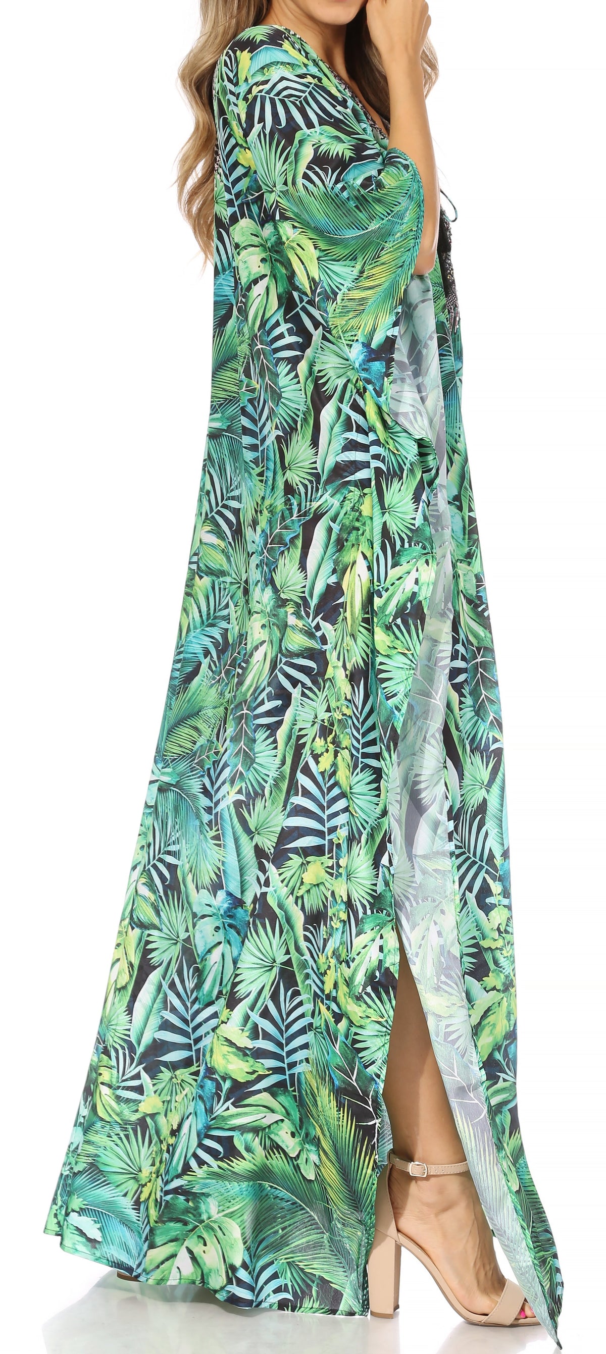Sakkas Georgettina Flowy Rhinestone V Neck Long Caftan Dress/Cover Up Sakkas Store