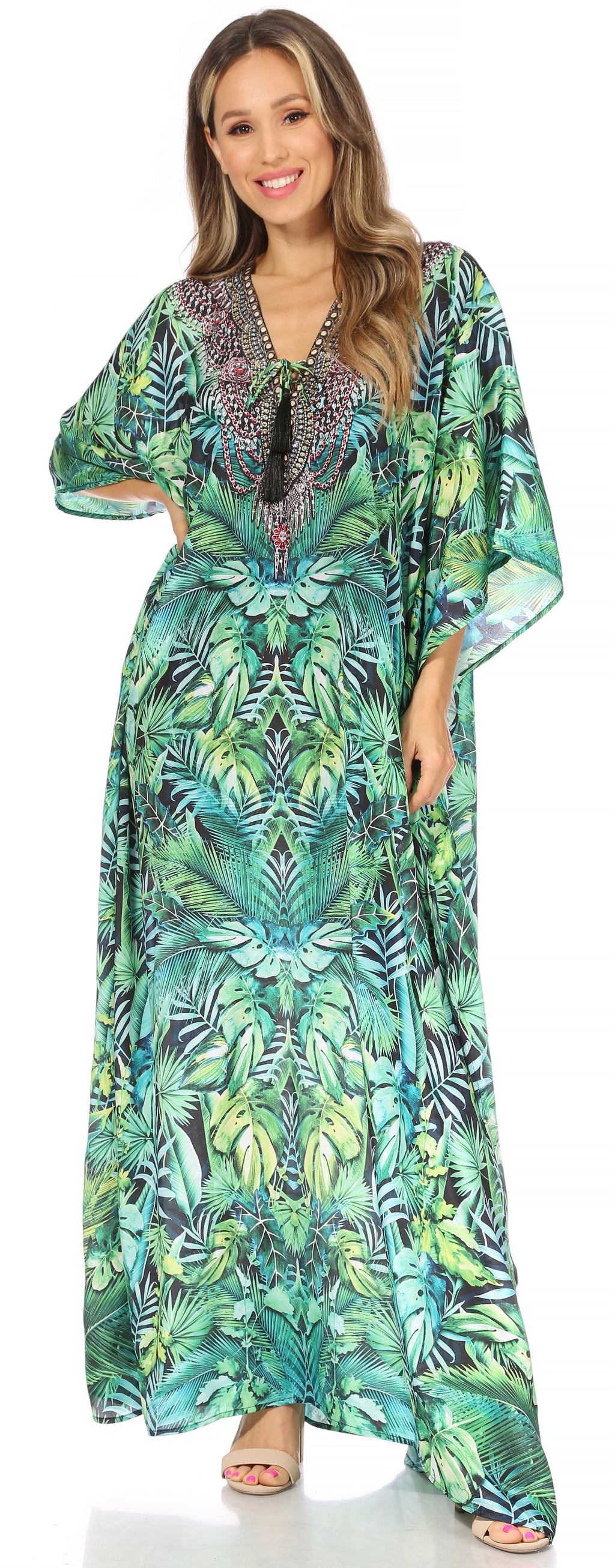 Sakkas Georgettina Flowy Rhinestone V Neck Long Caftan Dress/Cover Up Sakkas Store