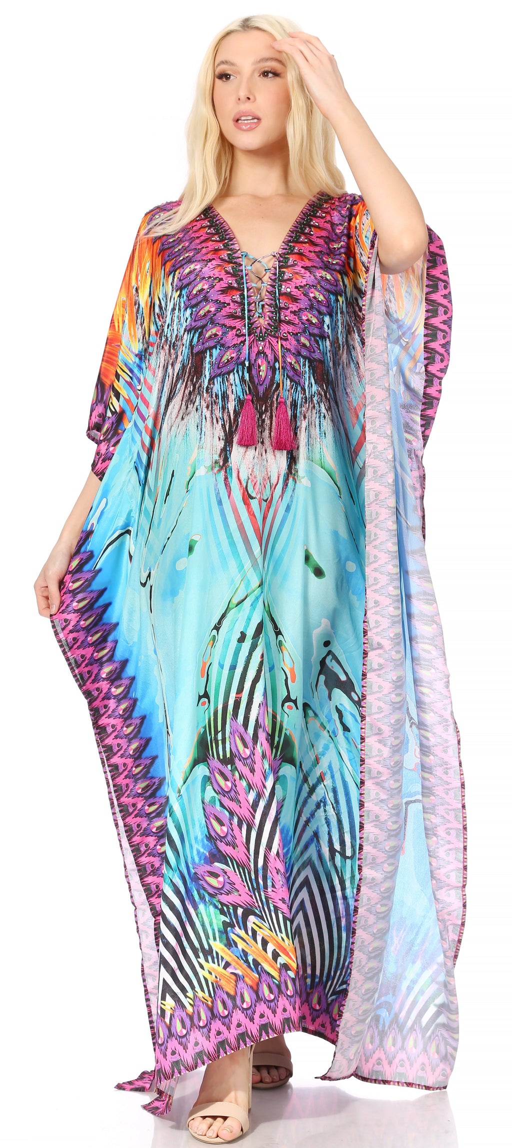 Sakkas Georgettina Flowy Rhinestone V Neck Long Caftan Dress/Cover Up Sakkas Store