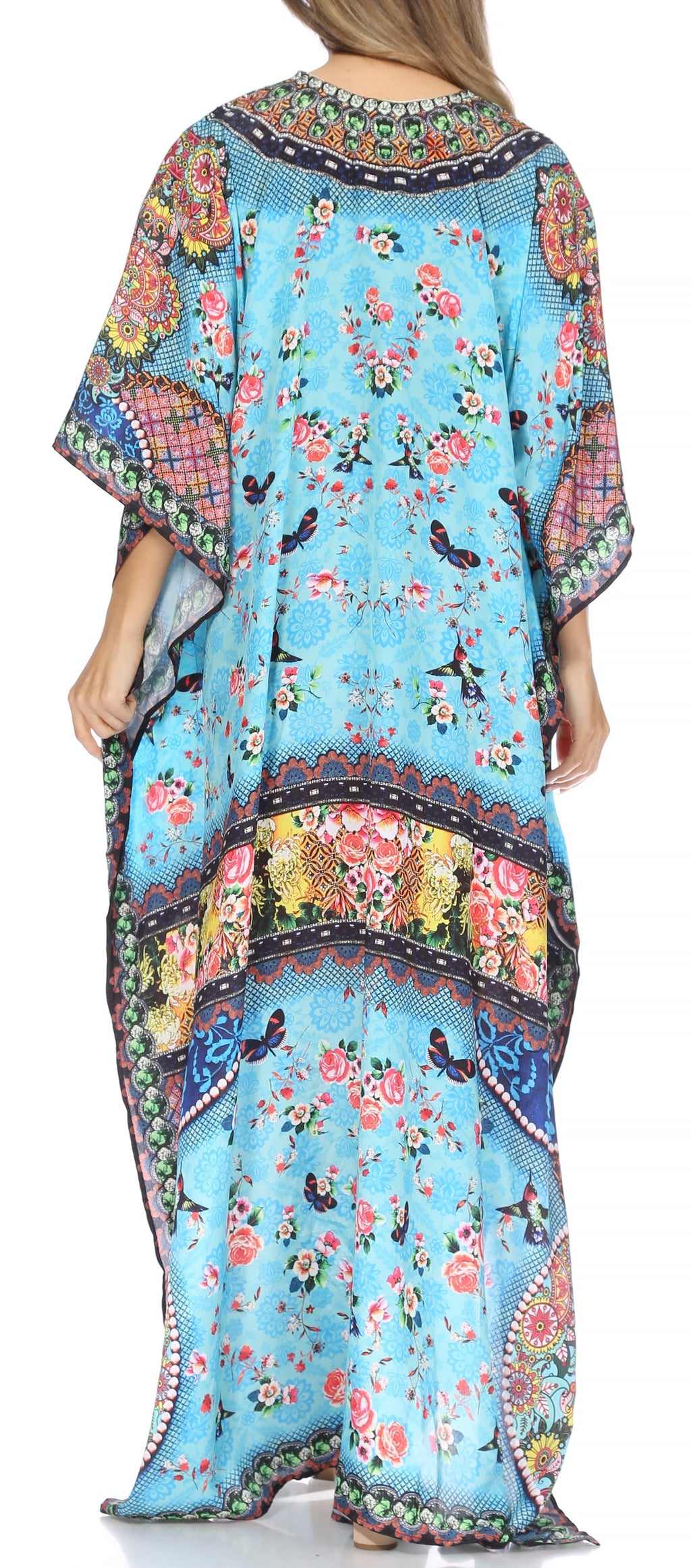 Sakkas Georgettina Flowy Rhinestone V Neck Long Caftan Dress/Cover Up Sakkas Store