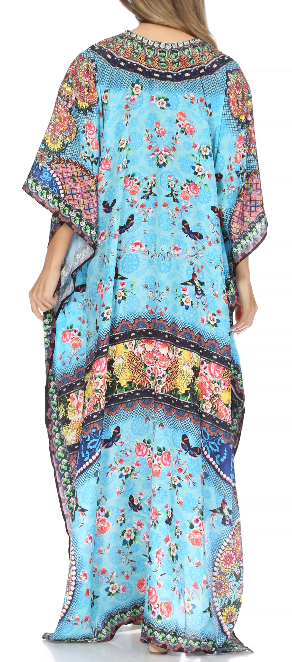 Sakkas Georgettina Flowy Rhinestone V Neck Long Caftan Dress/Cover Up Sakkas Store