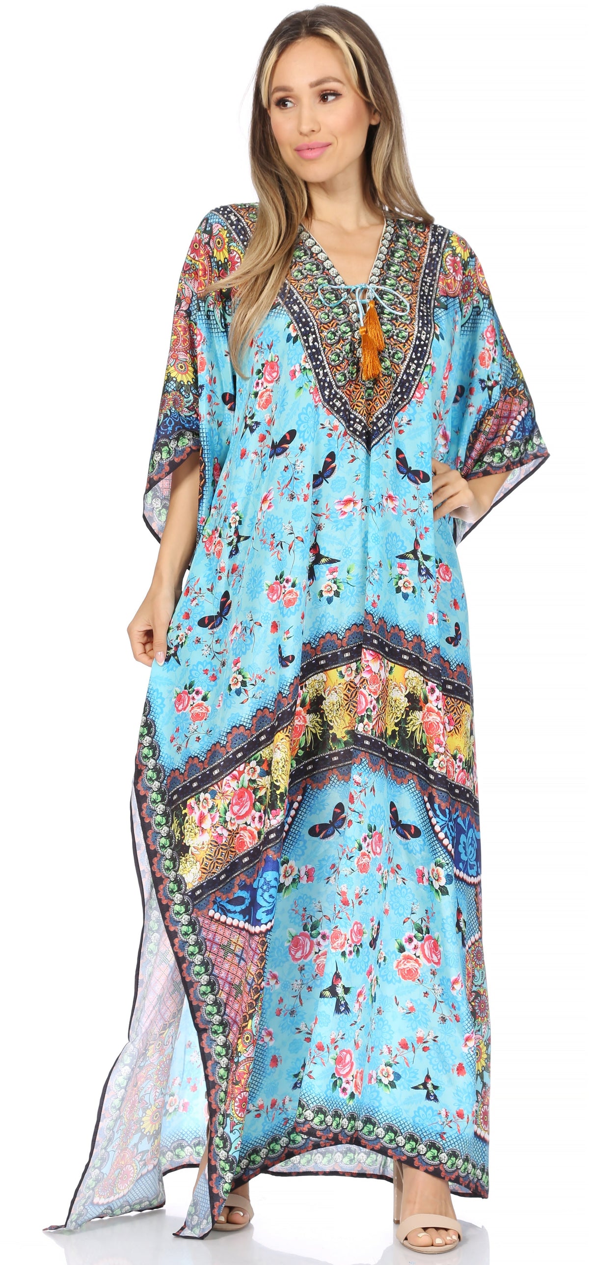 Sakkas Georgettina Flowy Rhinestone V Neck Long Caftan Dress/Cover Up Sakkas Store