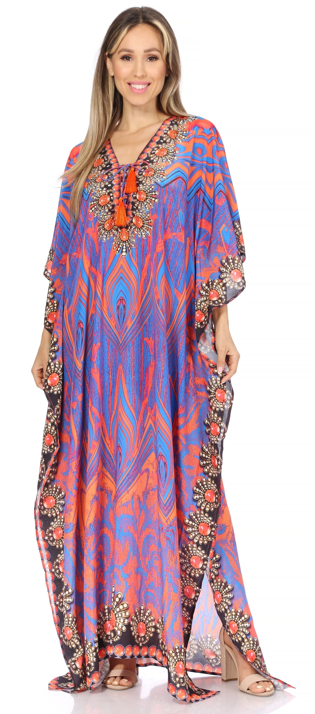 Sakkas Georgettina Flowy Rhinestone V Neck Long Caftan Dress/Cover Up Sakkas Store