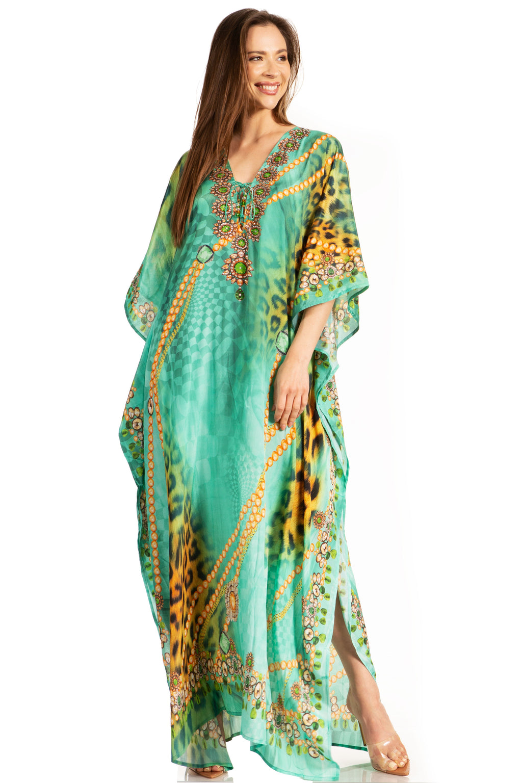 Sakkas Georgettina Flowy Rhinestone V Neck Long Caftan Dress/Cover Up Sakkas Store