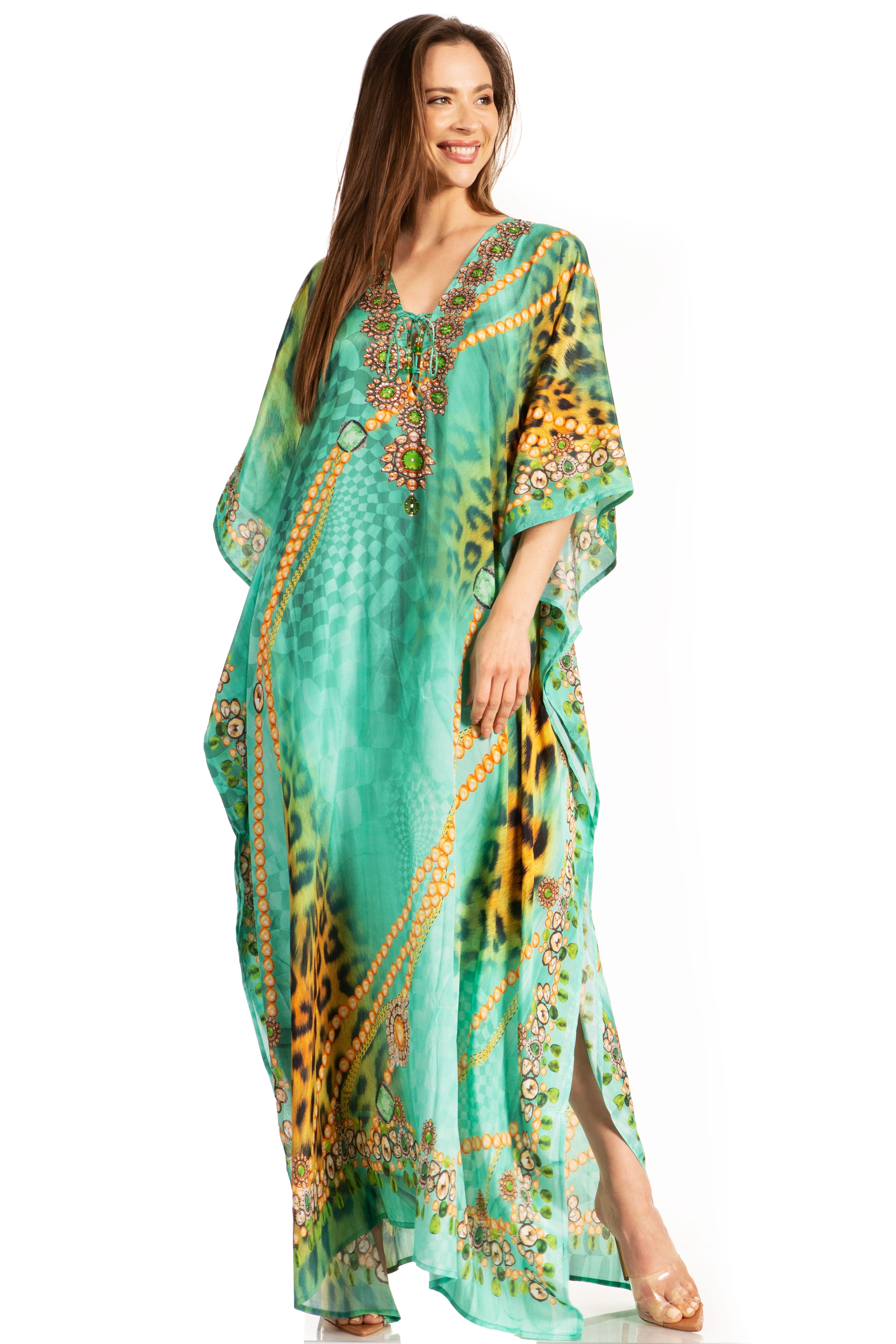 Sakkas Georgettina Flowy Rhinestone V Neck Long Caftan Dress/Cover Up Sakkas Store
