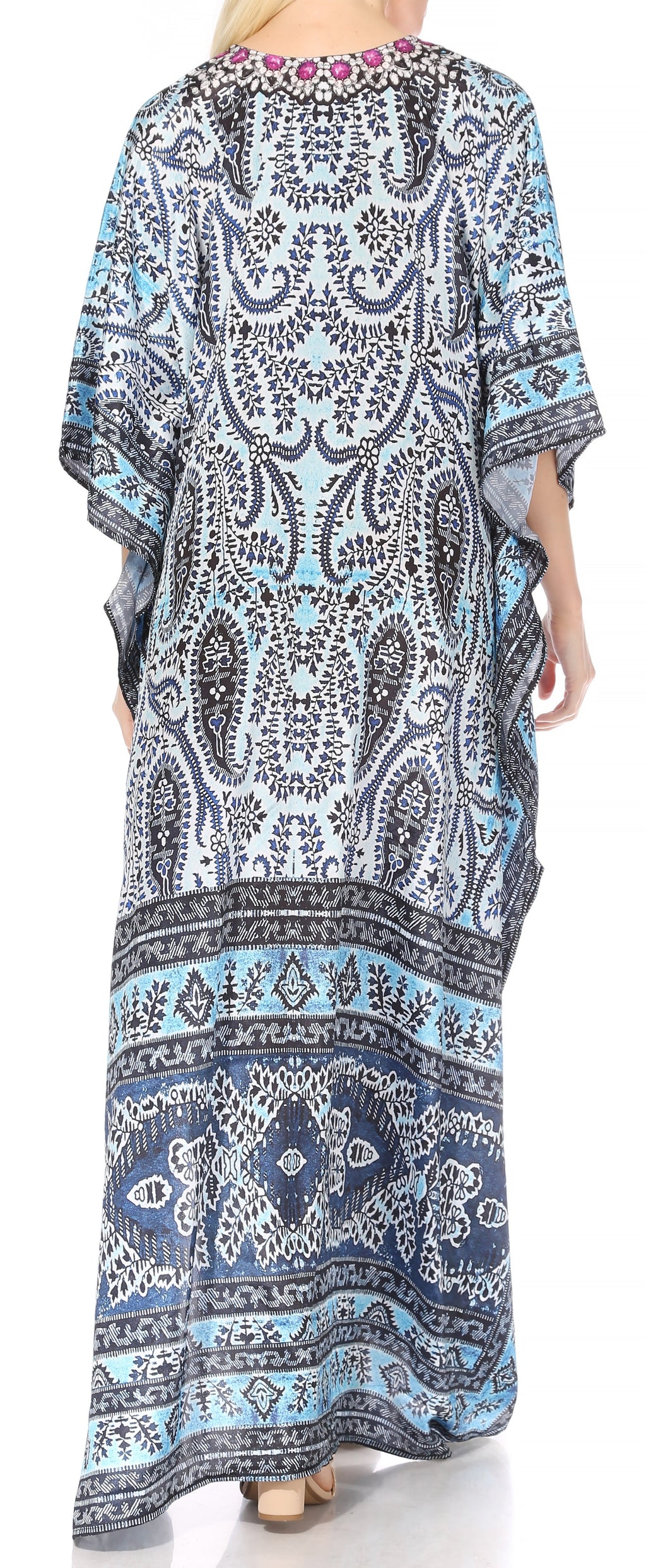 Sakkas Georgettina Flowy Rhinestone V Neck Long Caftan Dress/Cover Up Sakkas Store