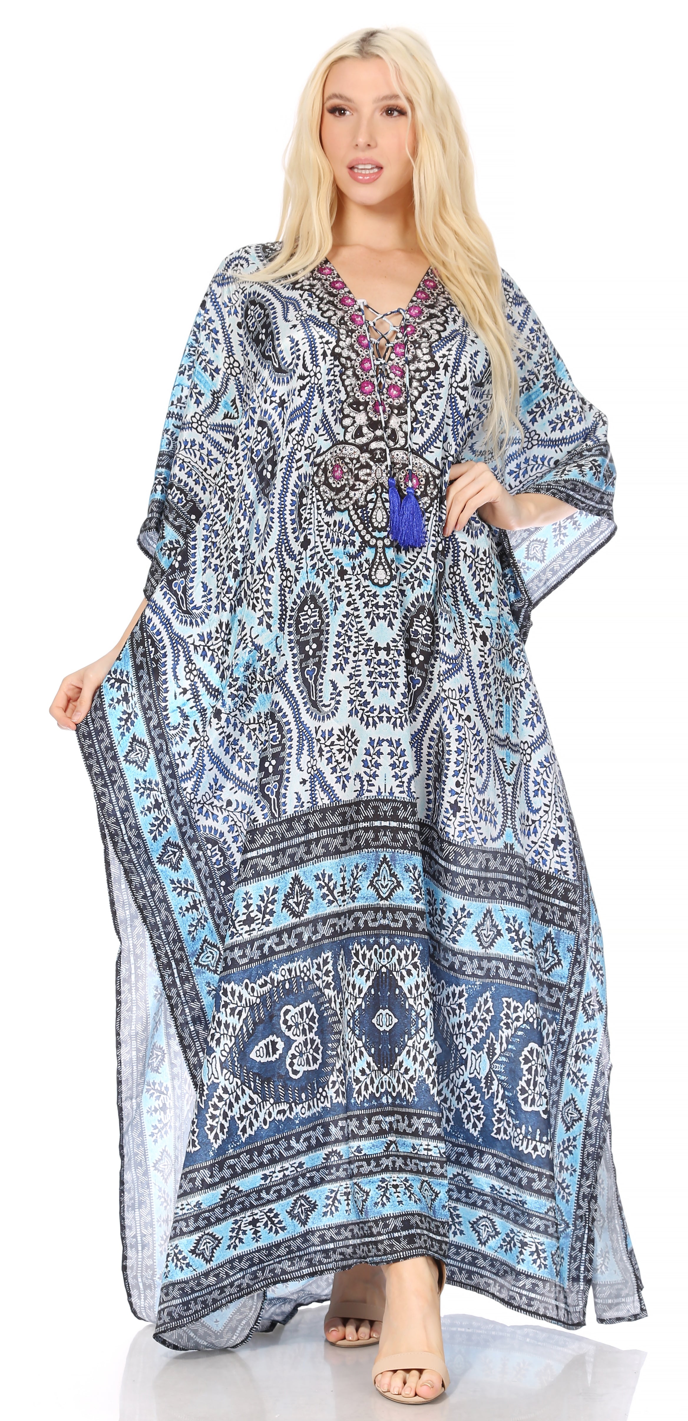 Sakkas Georgettina Flowy Rhinestone V Neck Long Caftan Dress/Cover Up Sakkas Store