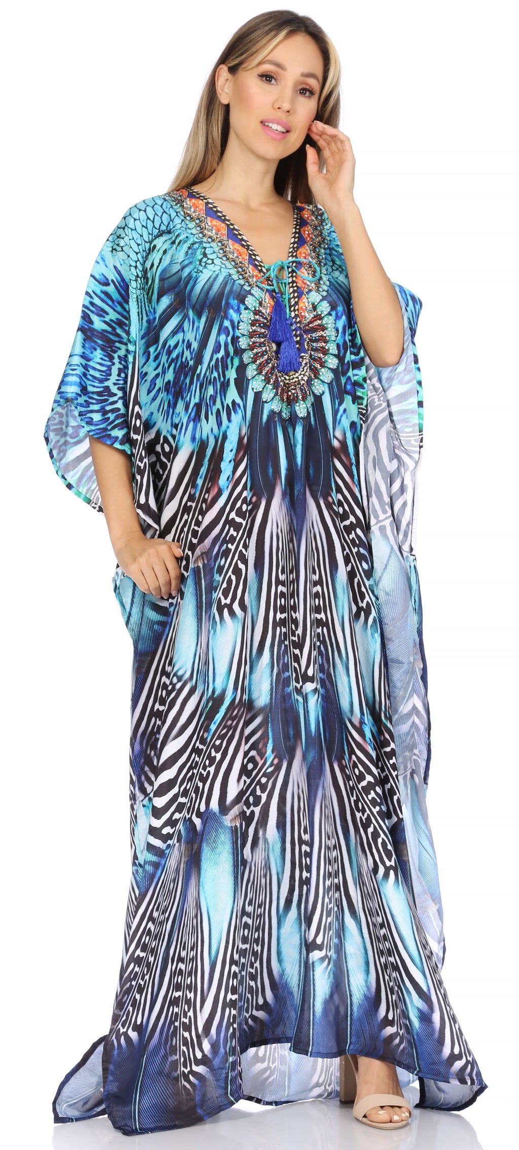 Sakkas Georgettina Flowy Rhinestone V Neck Long Caftan Dress/Cover Up Sakkas Store