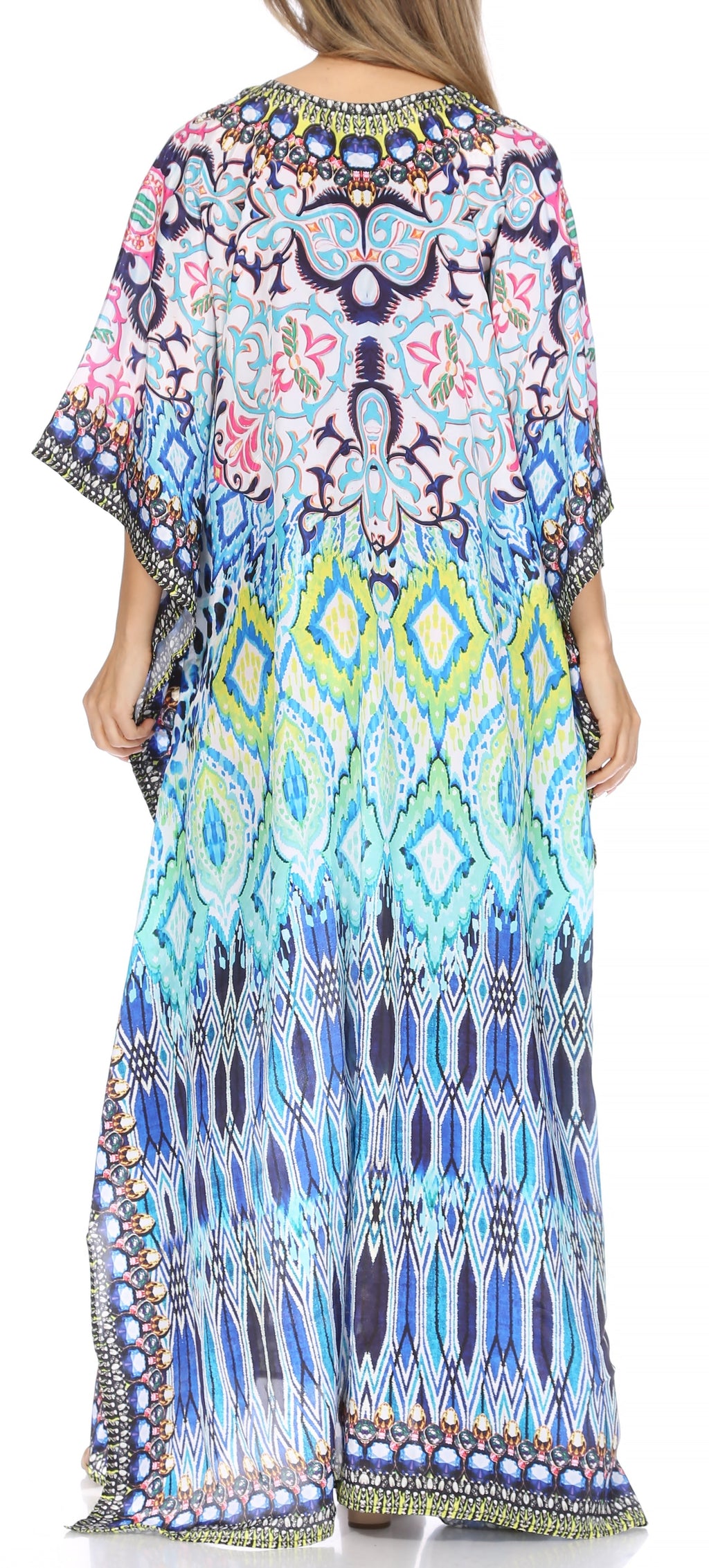Sakkas Georgettina Flowy Rhinestone V Neck Long Caftan Dress/Cover Up Sakkas Store