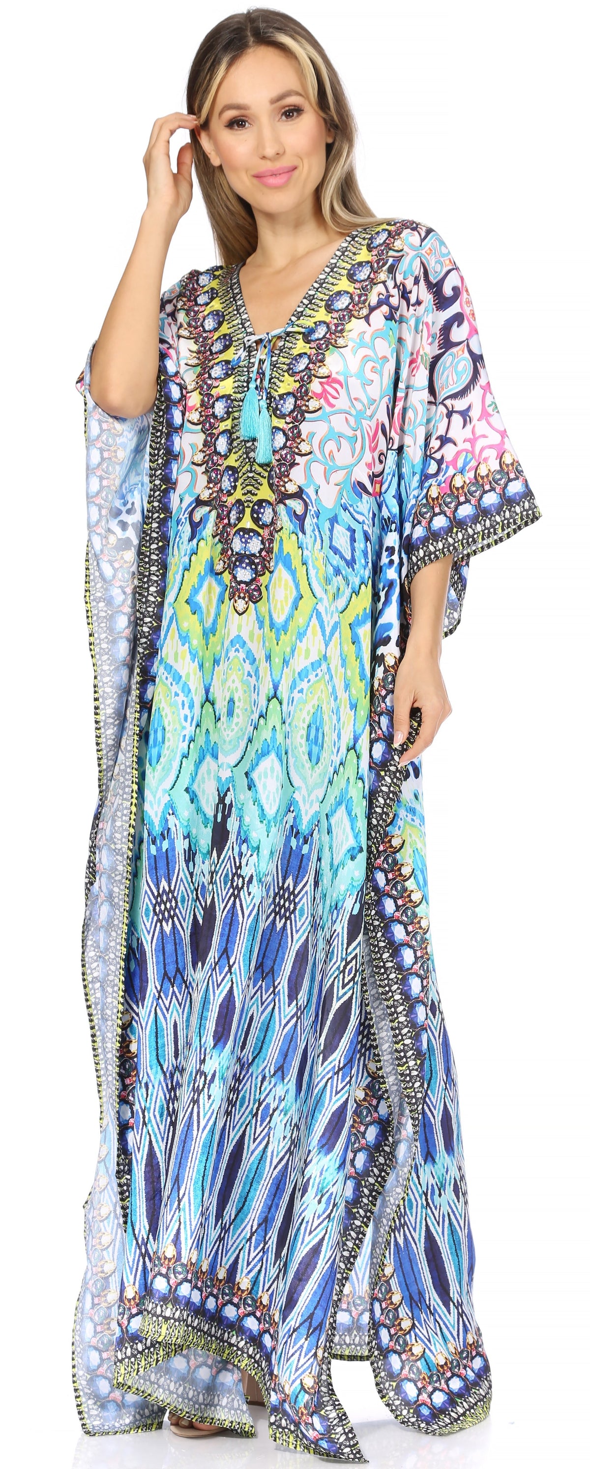 Sakkas Georgettina Flowy Rhinestone V Neck Long Caftan Dress/Cover Up Sakkas Store
