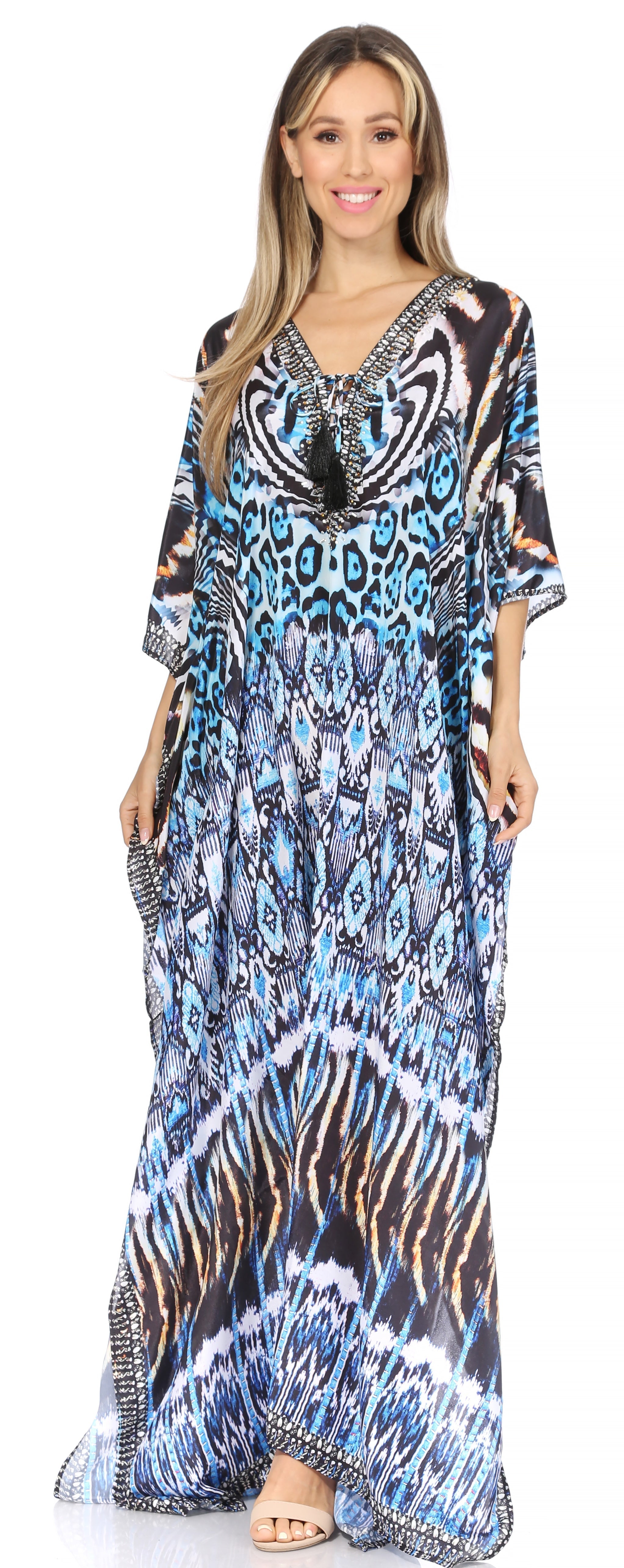 Sakkas Georgettina Flowy Rhinestone V Neck Long Caftan Dress/Cover Up Sakkas Store