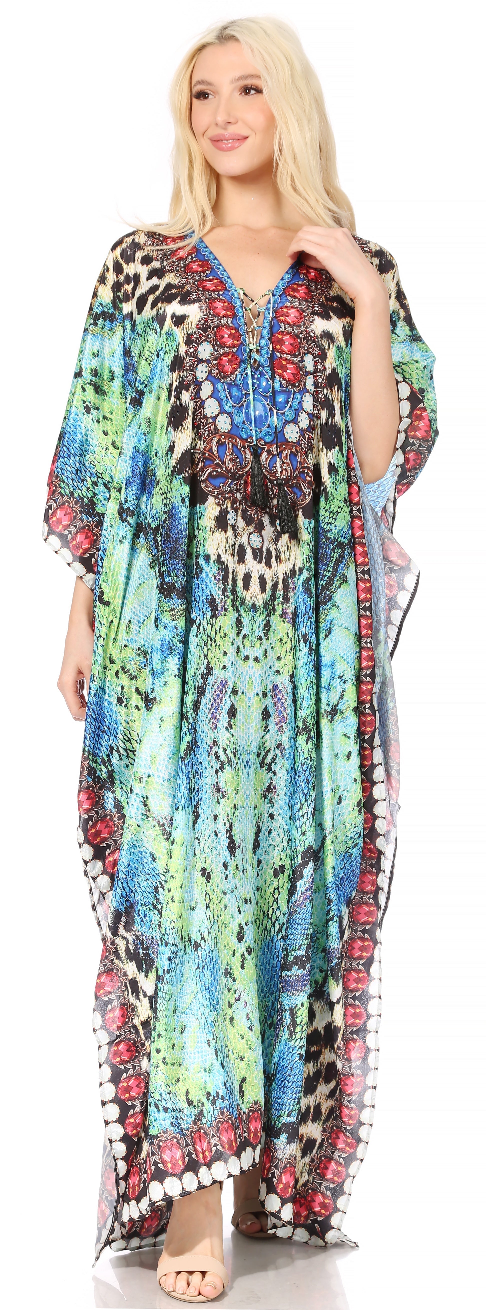 Sakkas Georgettina Flowy Rhinestone V Neck Long Caftan Dress/Cover Up Sakkas Store