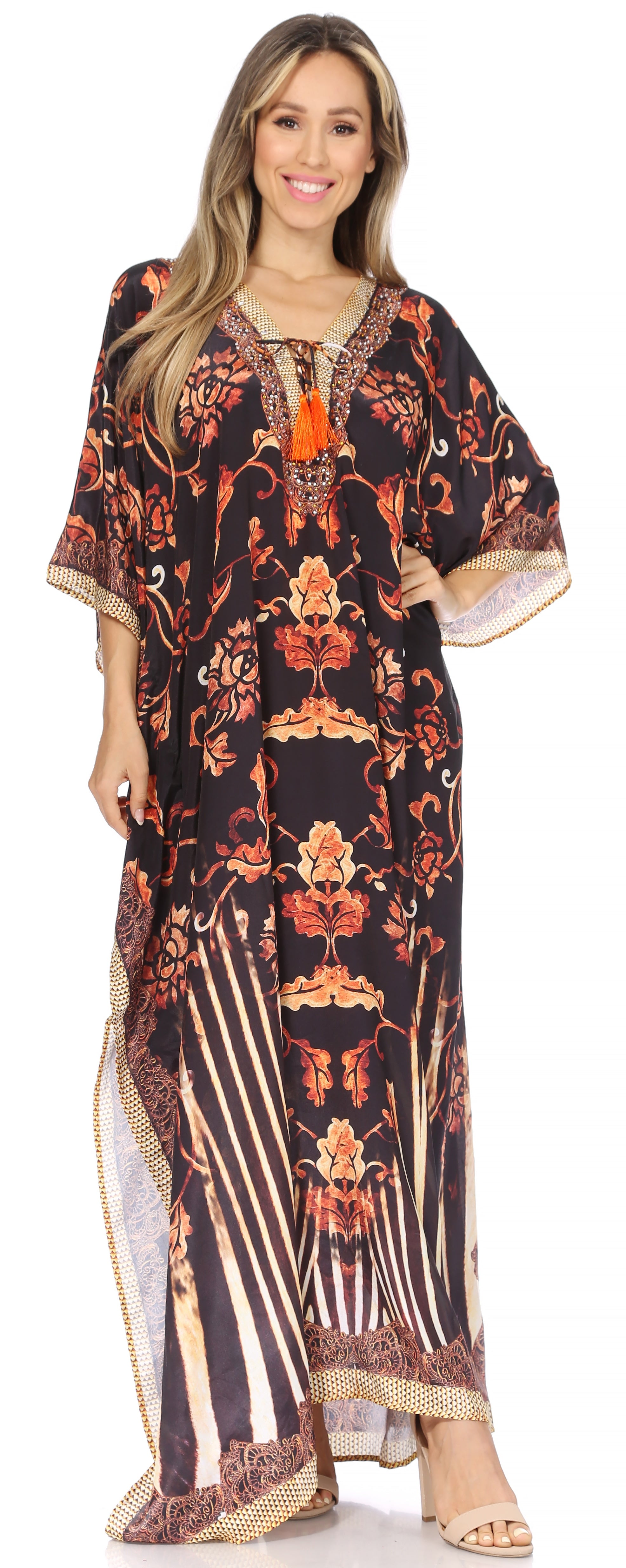 Sakkas Georgettina Flowy Rhinestone V Neck Long Caftan Dress/Cover Up Sakkas Store