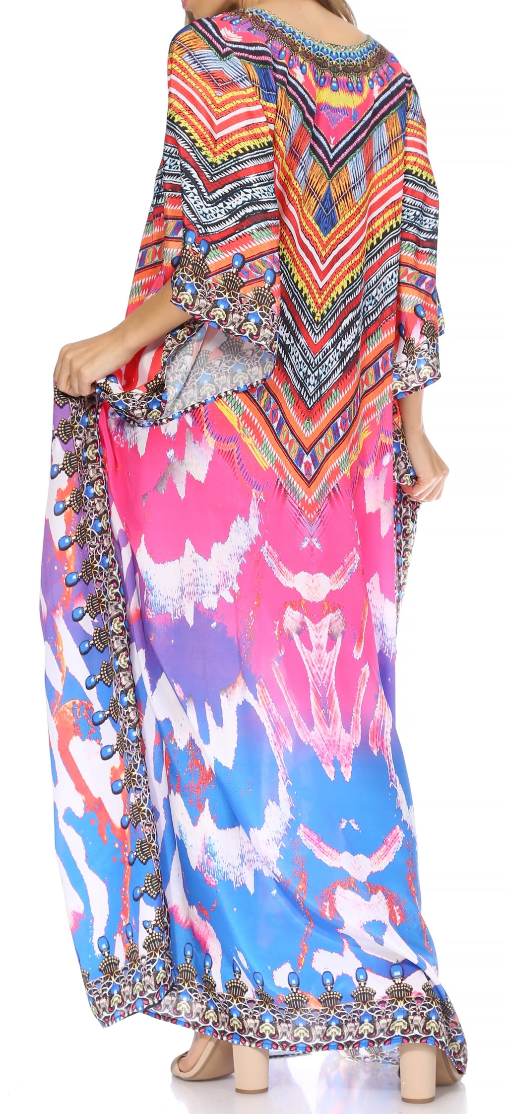 Sakkas Georgettina Flowy Rhinestone V Neck Long Caftan Dress/Cover Up Sakkas Store