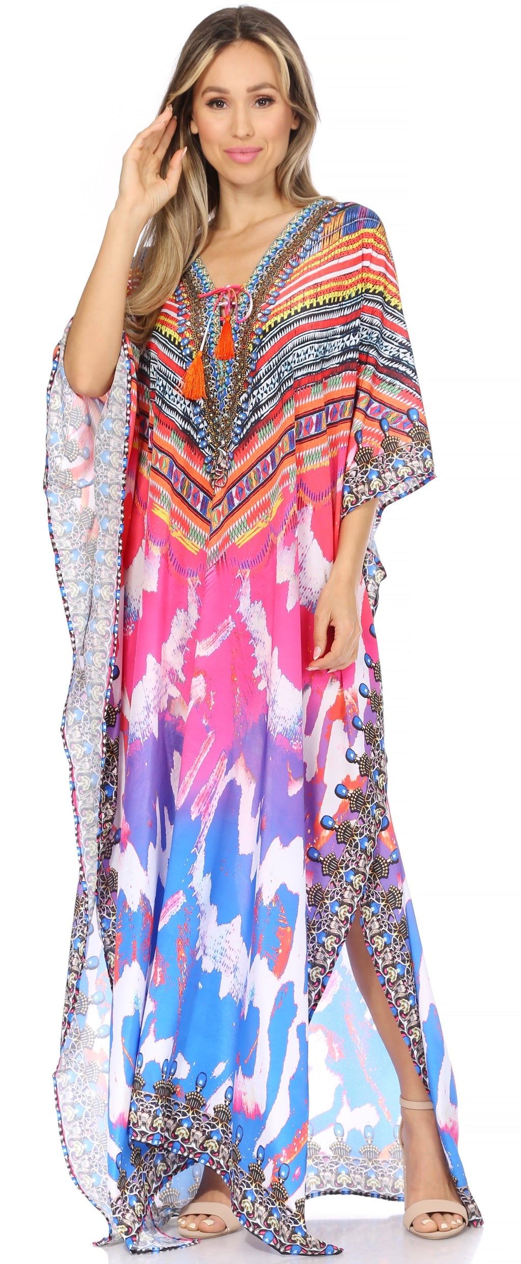 Sakkas Georgettina Flowy Rhinestone V Neck Long Caftan Dress/Cover Up Sakkas Store